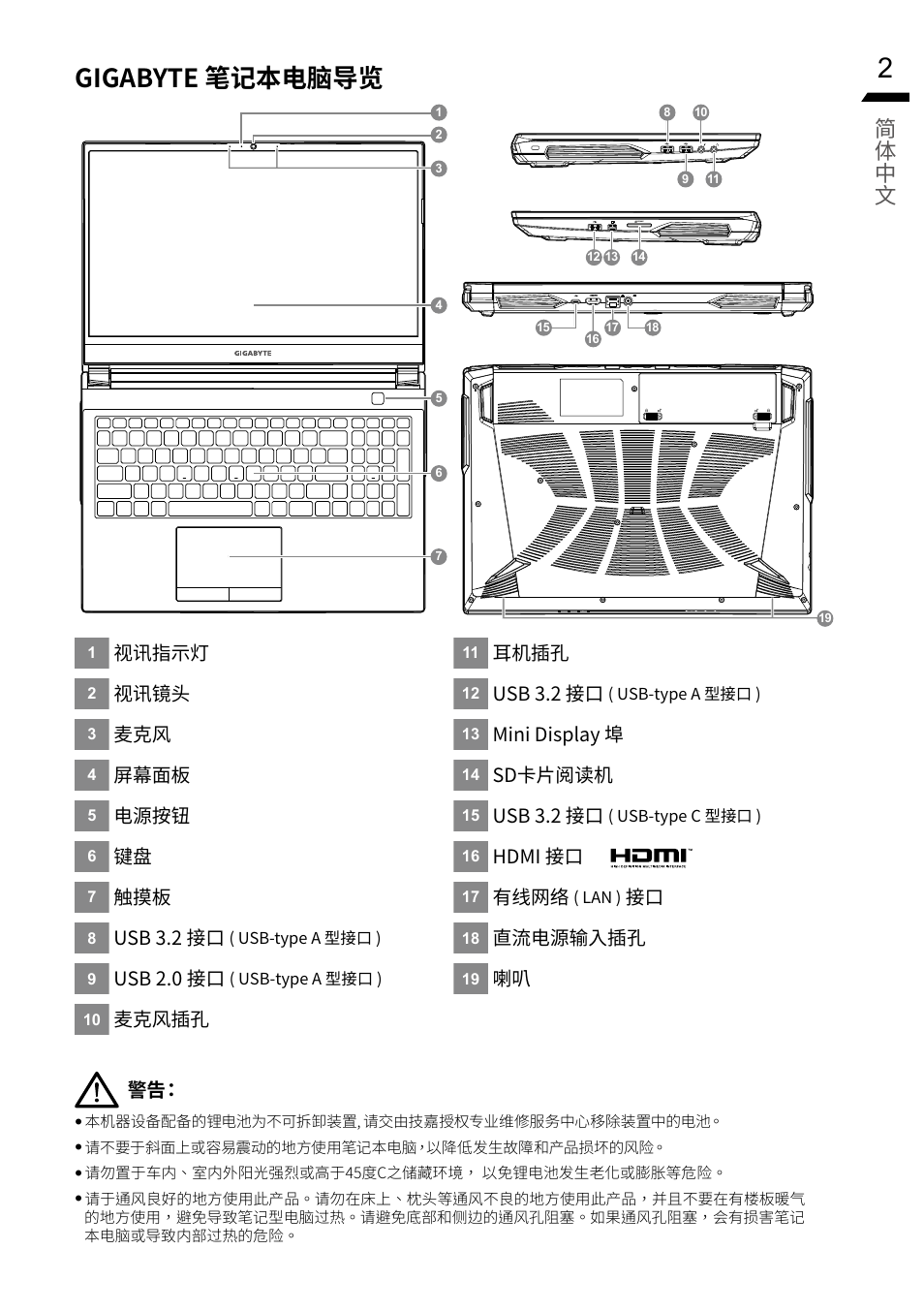 Gigabyte 笔记本电脑导览, 简体 中 文, 视讯指示灯 | 视讯镜头, 屏幕面板, 电源按钮, Usb 3.2 接口, Usb 2.0 接口, 麦克风插孔, 耳机插孔 | GIGABYTE 15.6" G5 Notebook (Black) User Manual | Page 23 / 93
