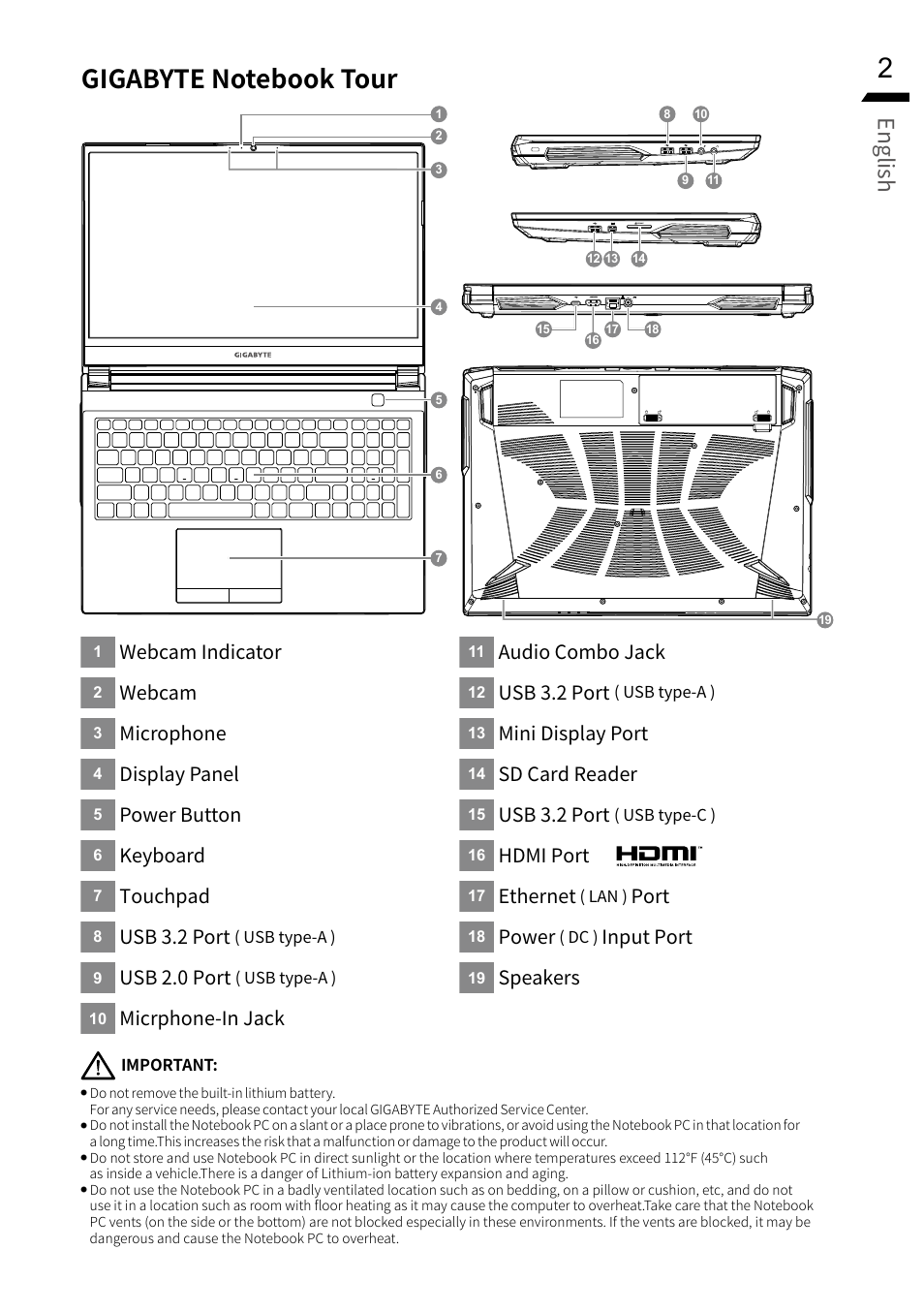 English, Webcam indicator, Webcam | Microphone, Display panel, Power button, Keyboard, Touchpad, Usb 3.2 port, Usb 2.0 port | GIGABYTE 15.6" G5 Notebook (Black) User Manual | Page 3 / 93