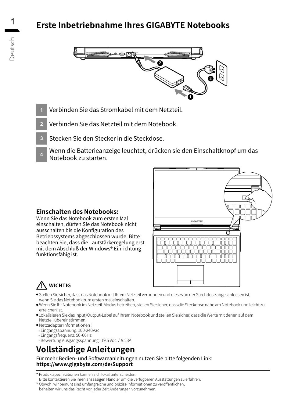 Deutsch, Verbinden sie das stromkabel mit dem netzteil, Stecken sie den stecker in die steckdose | GIGABYTE 15.6" G5 Notebook (Black) User Manual | Page 38 / 93