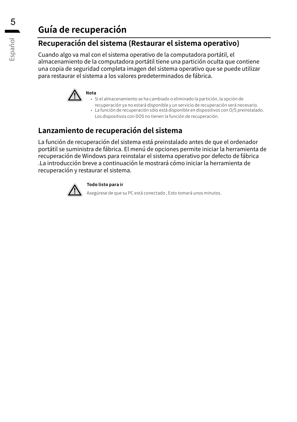 Guía de recuperación, Español, Lanzamiento de recuperación del sistema | GIGABYTE 15.6" G5 Notebook (Black) User Manual | Page 50 / 93