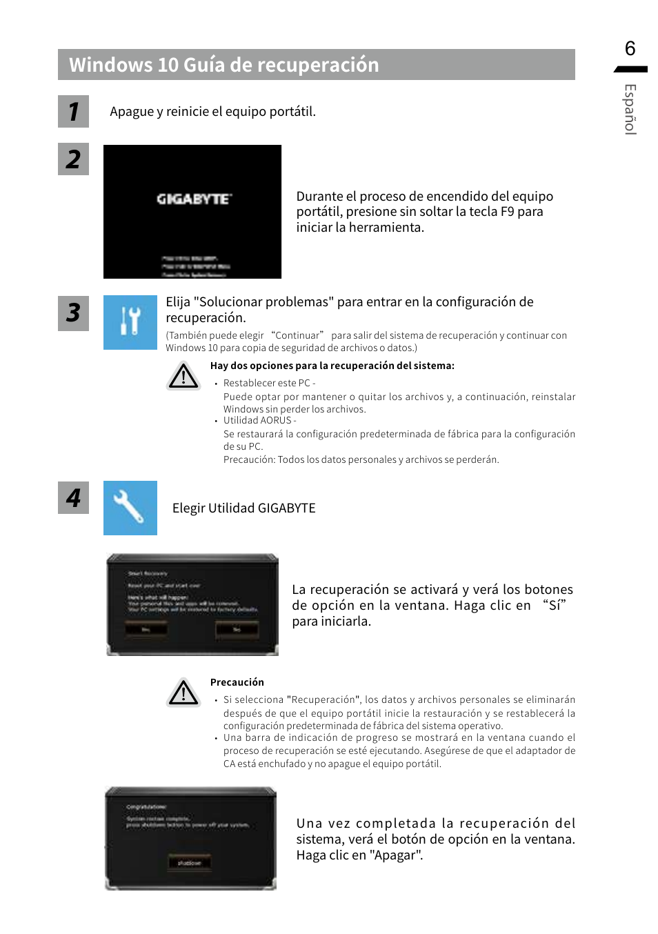 Windows 10 guía de recuperación, Español | GIGABYTE 15.6" G5 Notebook (Black) User Manual | Page 51 / 93