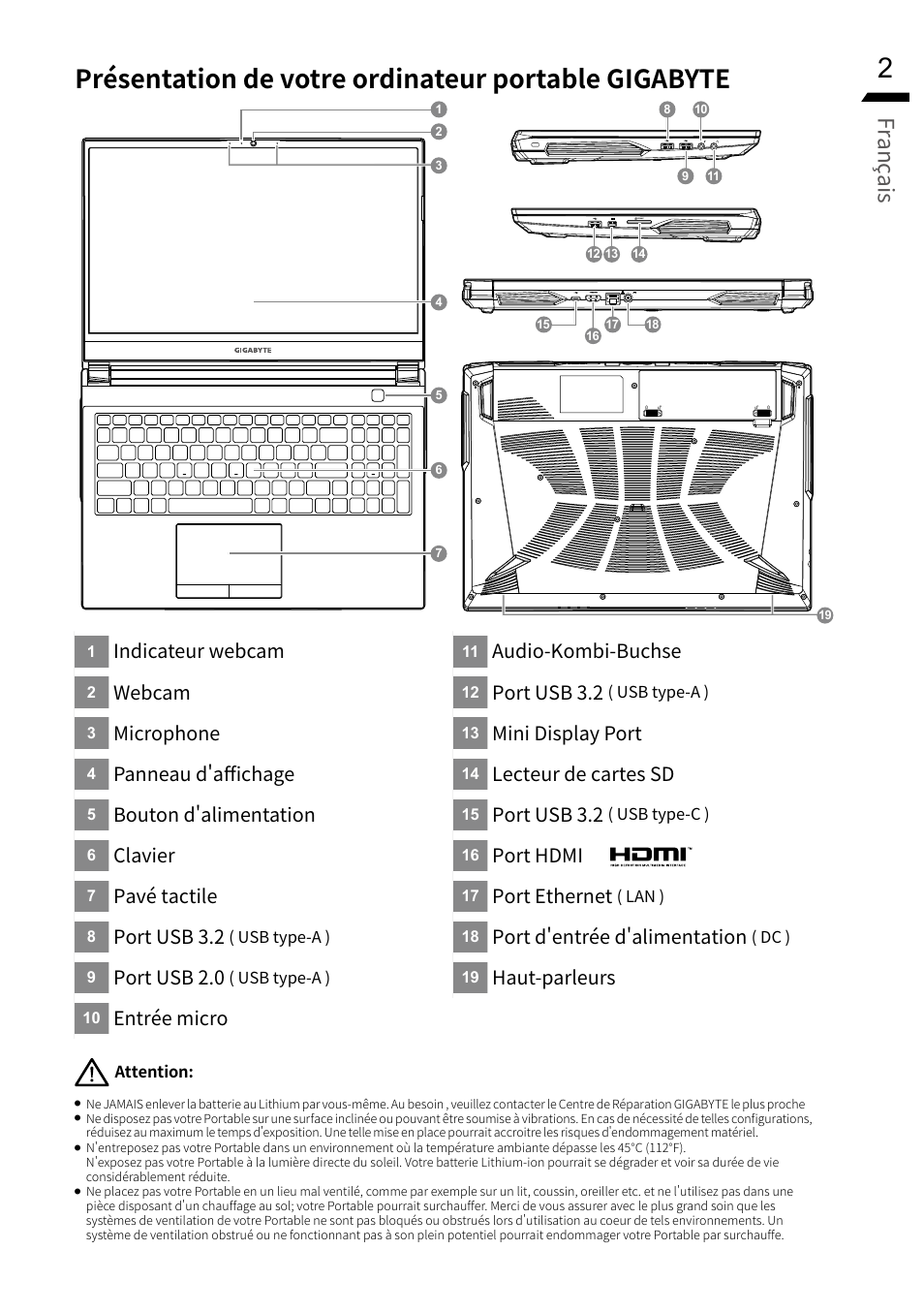 Présentation de votre ordinateur portable gigabyte, Franç ais, Indicateur webcam | Webcam, Microphone, Panneau d'affichage, Bouton d'alimentation, Clavier, Pavé tactile, Port usb 3.2 | GIGABYTE 15.6