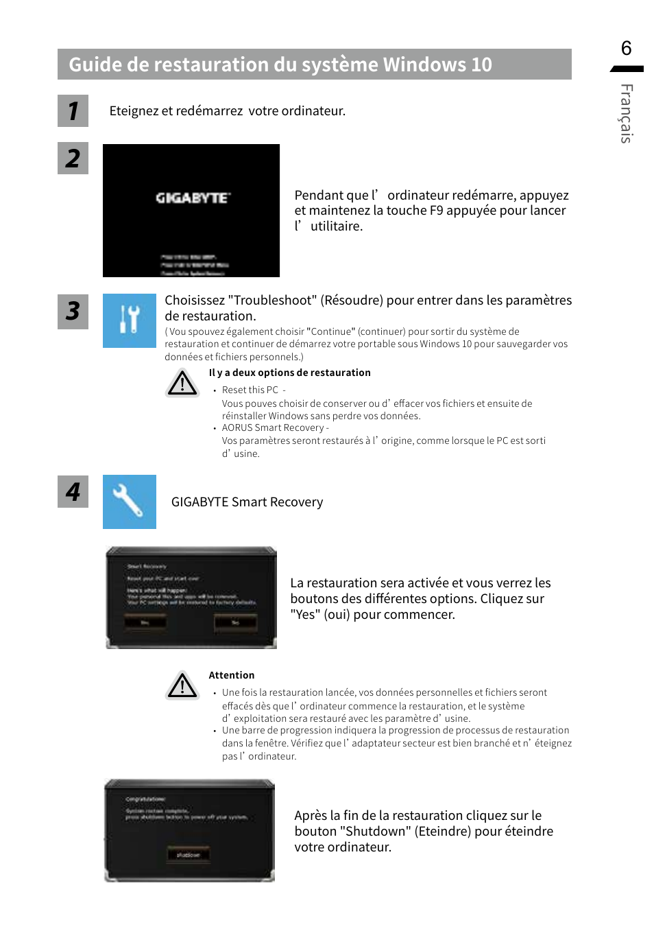 Guide de restauration du système windows 10, Franç ais | GIGABYTE 15.6" G5 Notebook (Black) User Manual | Page 59 / 93
