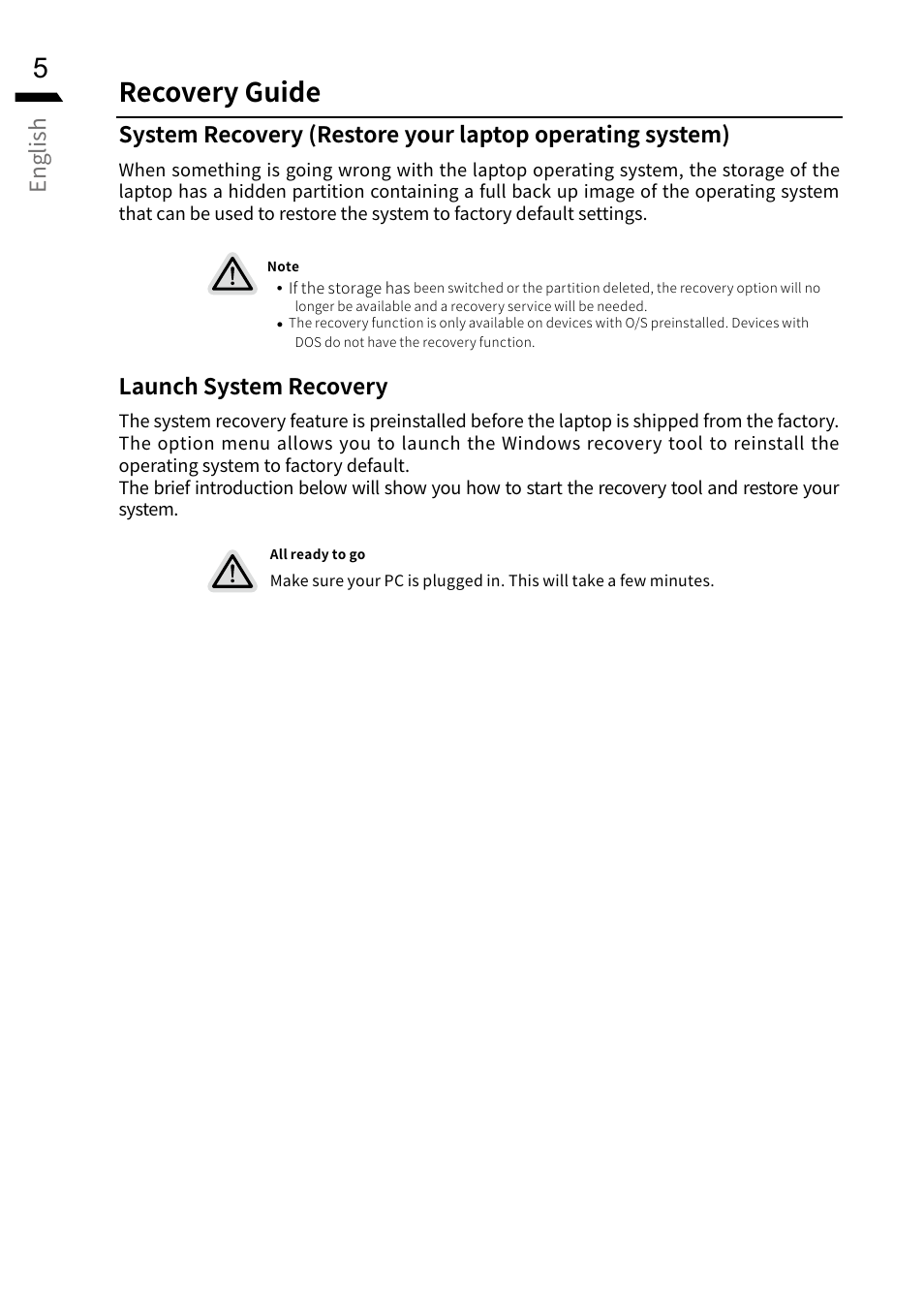 Recovery guide, English, Launch system recovery | GIGABYTE 15.6" G5 Notebook (Black) User Manual | Page 6 / 93