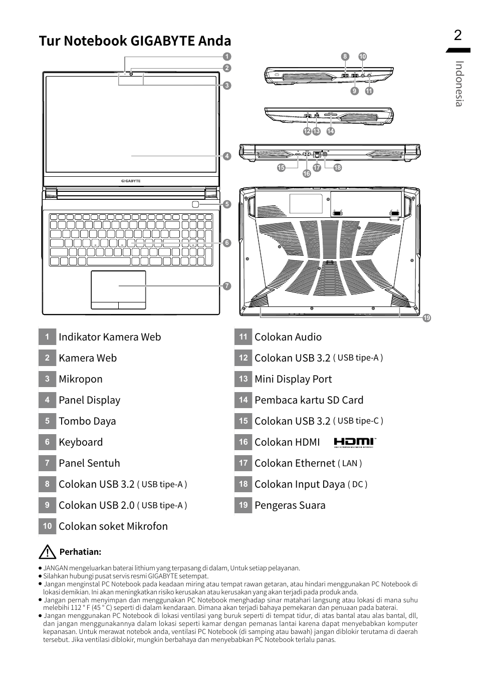 Indonesia, Indikator kamera web, Kamera web | Mikropon, Panel display, Tombo daya, Keyboard, Panel sentuh, Colokan usb 3.2, Colokan usb 2.0 | GIGABYTE 15.6" G5 Notebook (Black) User Manual | Page 63 / 93