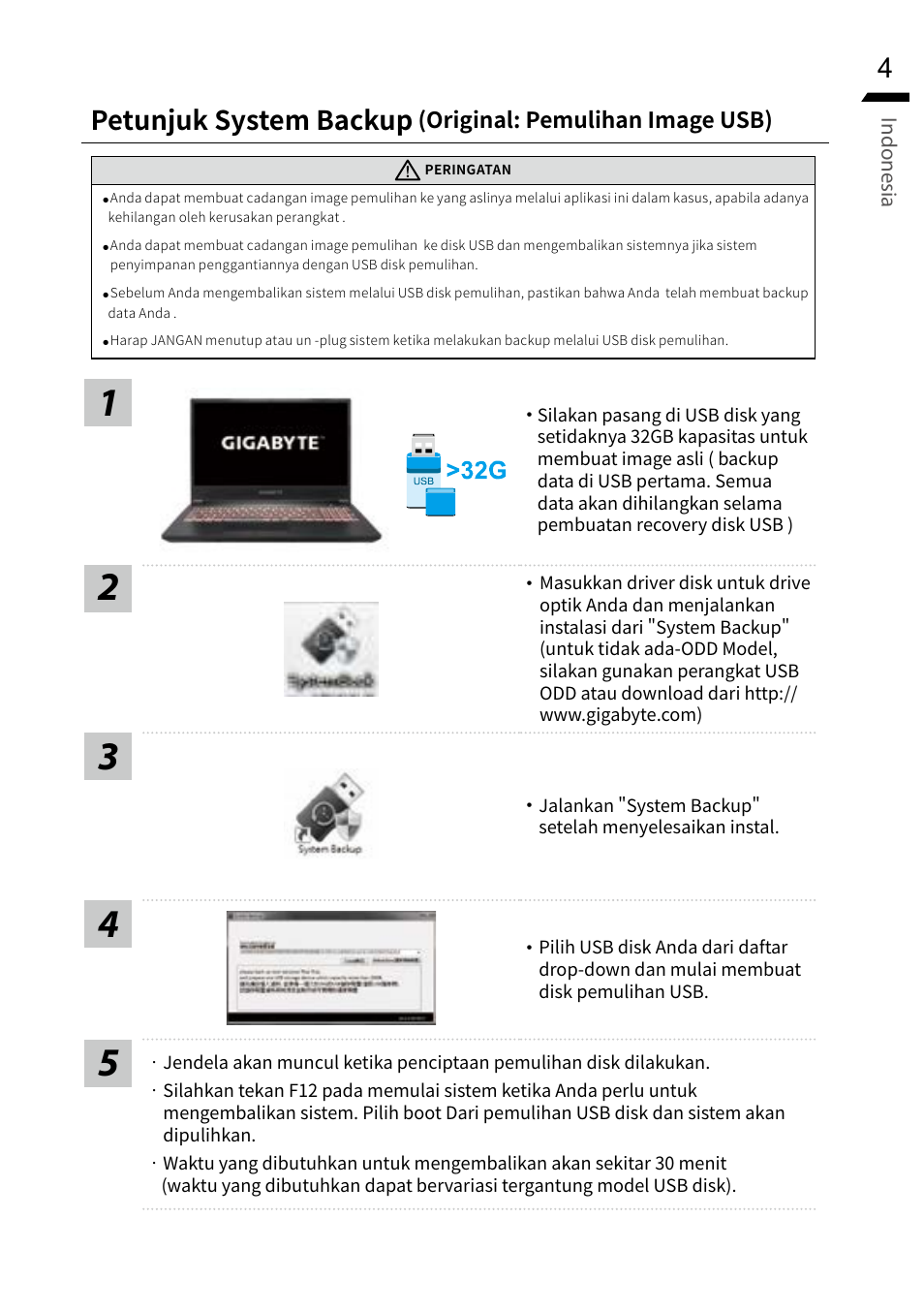 Petunjuk system backup | GIGABYTE 15.6" G5 Notebook (Black) User Manual | Page 65 / 93
