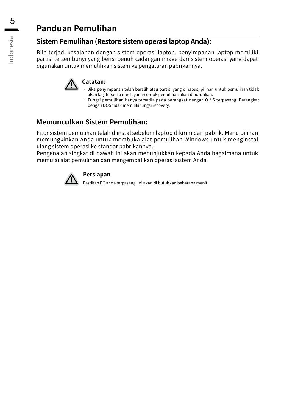Panduan pemulihan, Indonesia, Memunculkan sistem pemulihan | GIGABYTE 15.6" G5 Notebook (Black) User Manual | Page 66 / 93