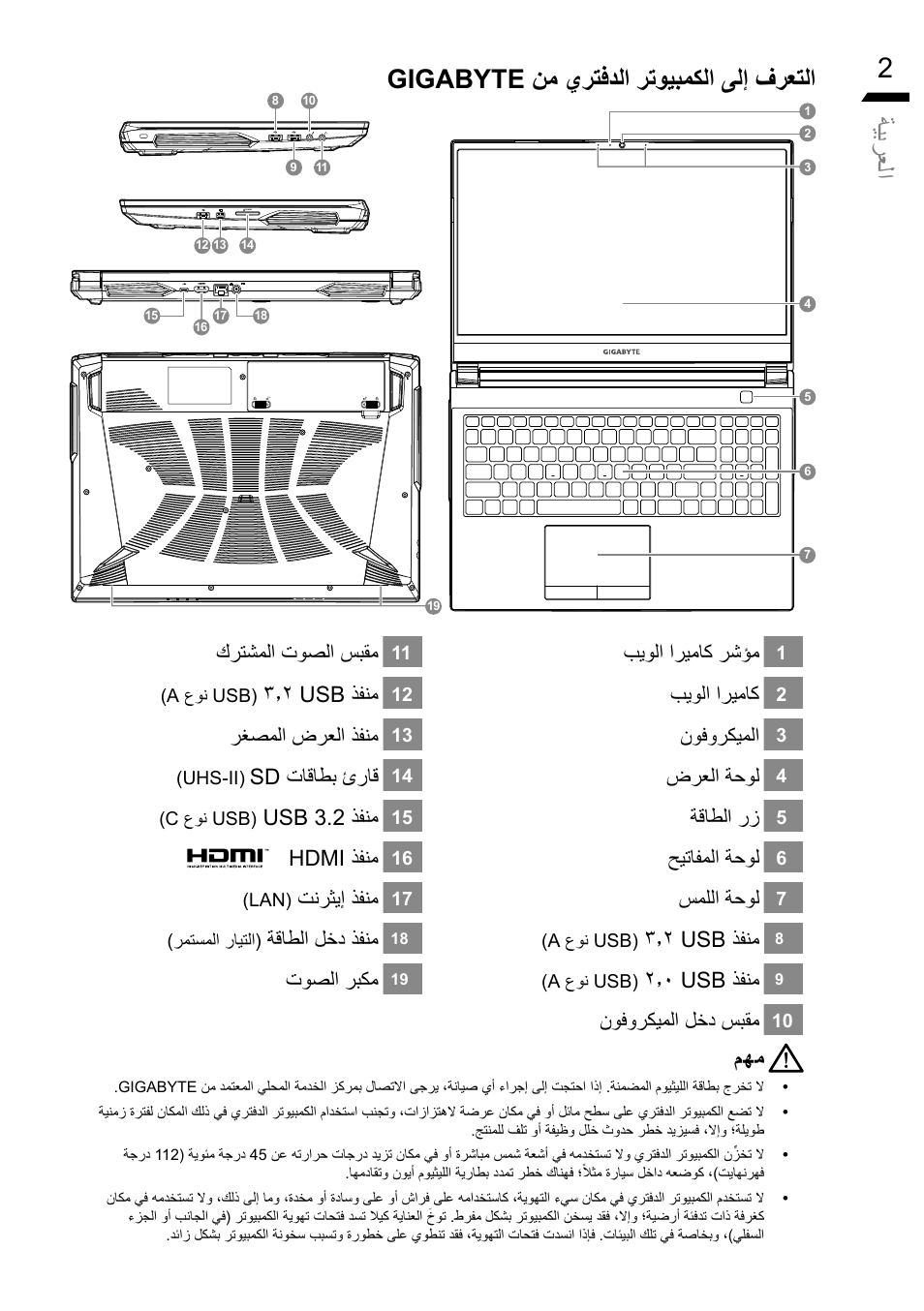 ةيب رعل ا gigabyte نم يرتفدلا رتويبمكلا ىلإ فرعتلا, مهم بيولا اريماك رشؤم, بيولا اريماك | نوفوركيملا, ضرعلا ةحول, ةقاطلا رز, حيتافملا ةحول, سمللا ةحول, 2 usb ذفنم, 0 usb ذفنم | GIGABYTE 15.6" G5 Notebook (Black) User Manual | Page 87 / 93