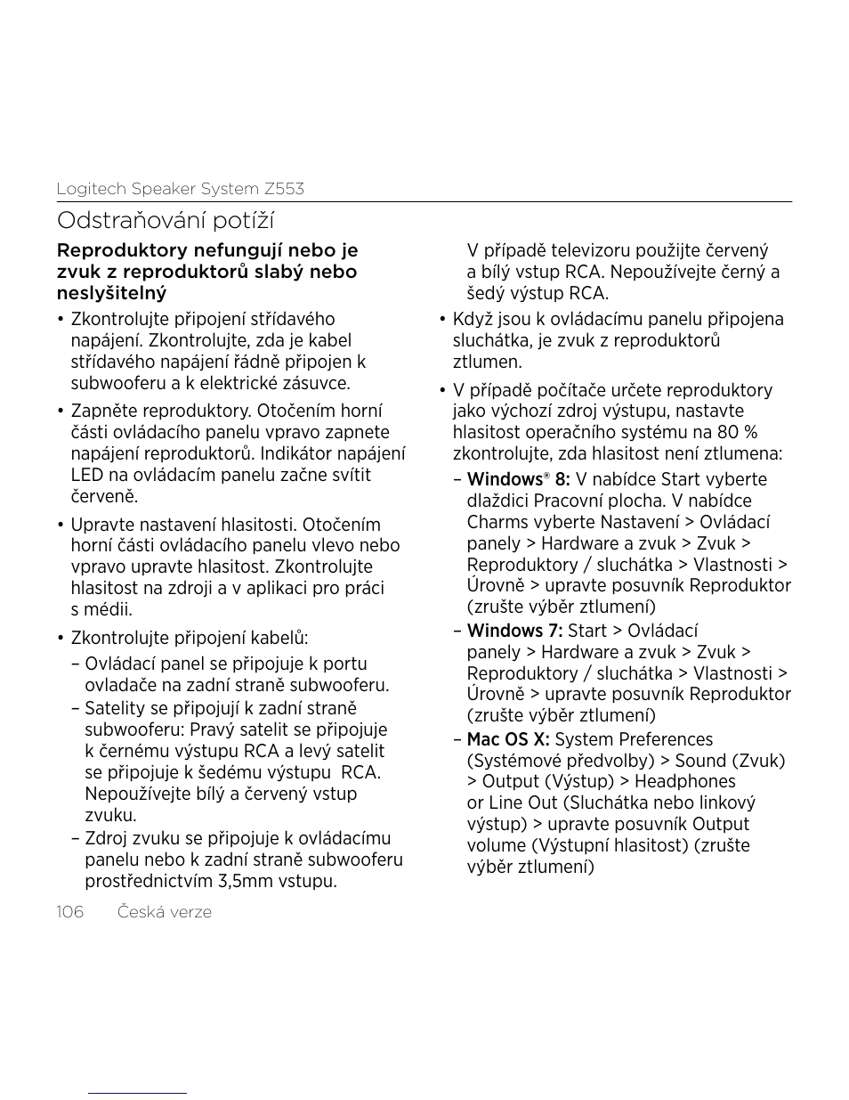 Odstraňování potíží | Logitech Z533 2.1 Speaker System with Subwoofer and Control Pod User Manual | Page 106 / 200