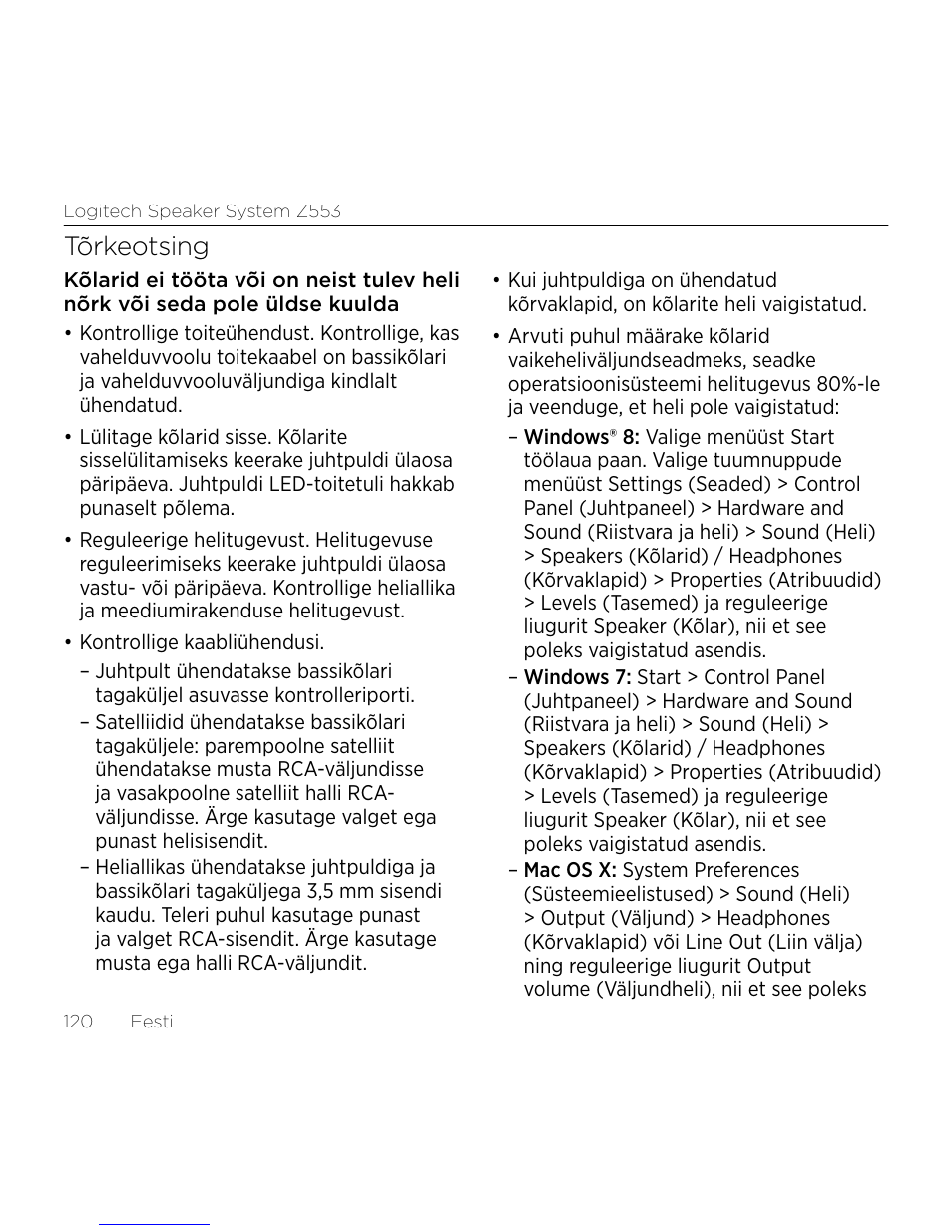 Tõrkeotsing | Logitech Z533 2.1 Speaker System with Subwoofer and Control Pod User Manual | Page 120 / 200