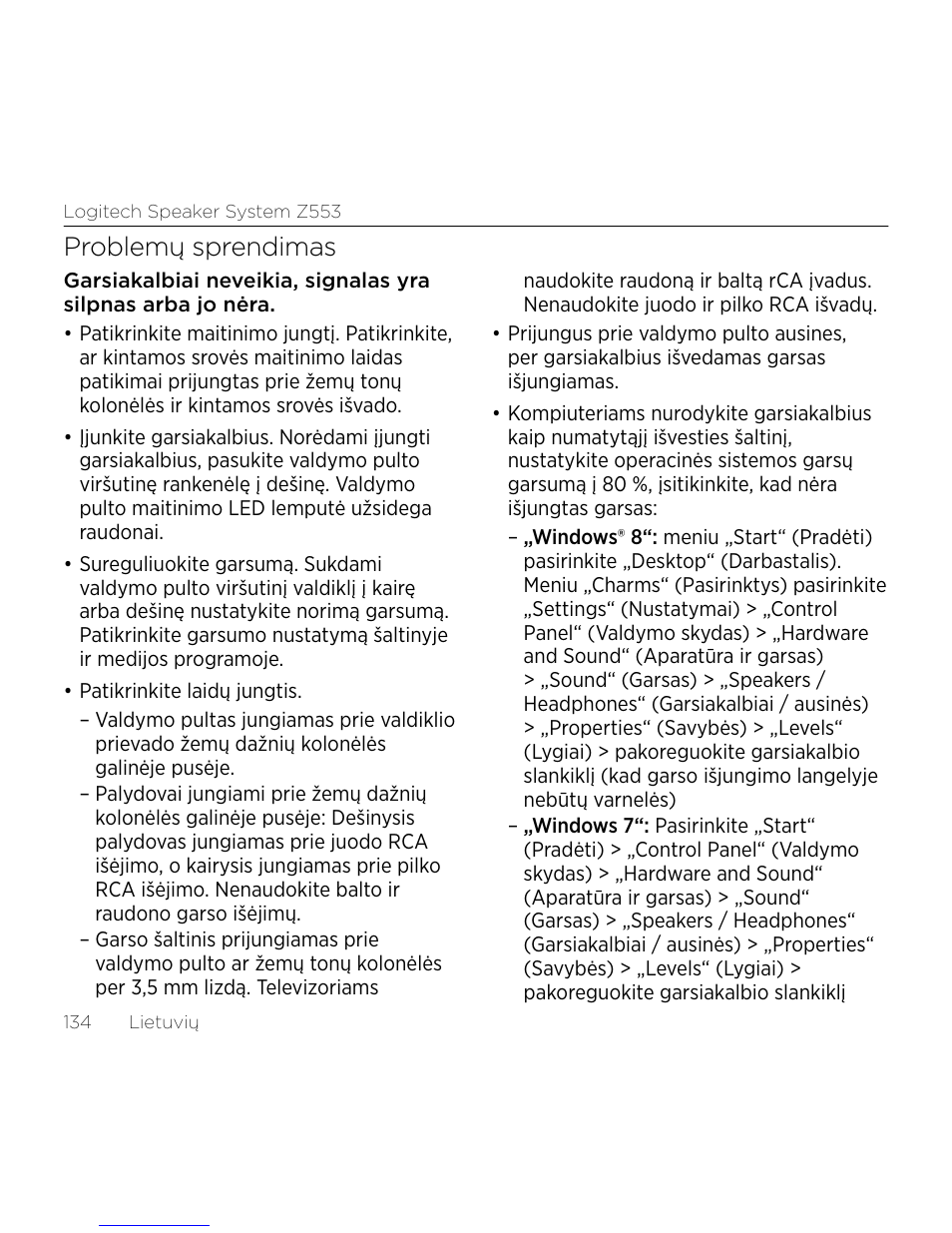 Problemų sprendimas | Logitech Z533 2.1 Speaker System with Subwoofer and Control Pod User Manual | Page 134 / 200