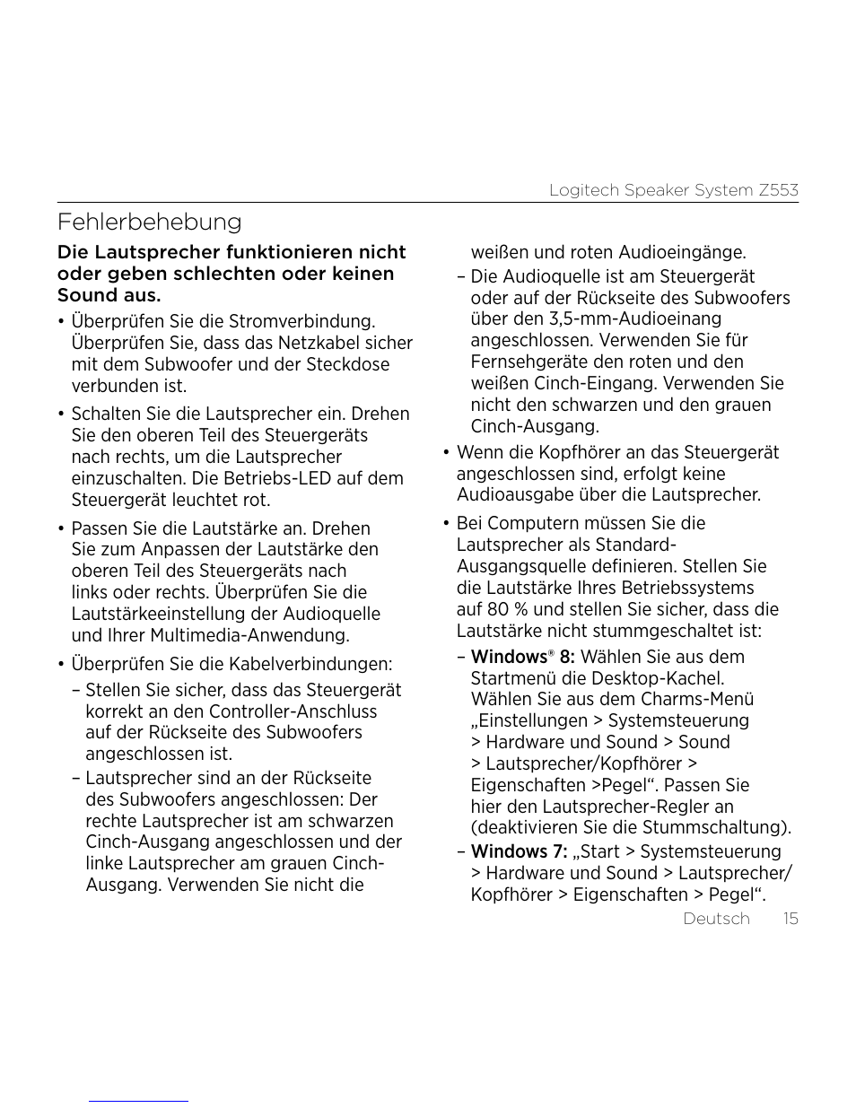 Fehlerbehebung | Logitech Z533 2.1 Speaker System with Subwoofer and Control Pod User Manual | Page 15 / 200