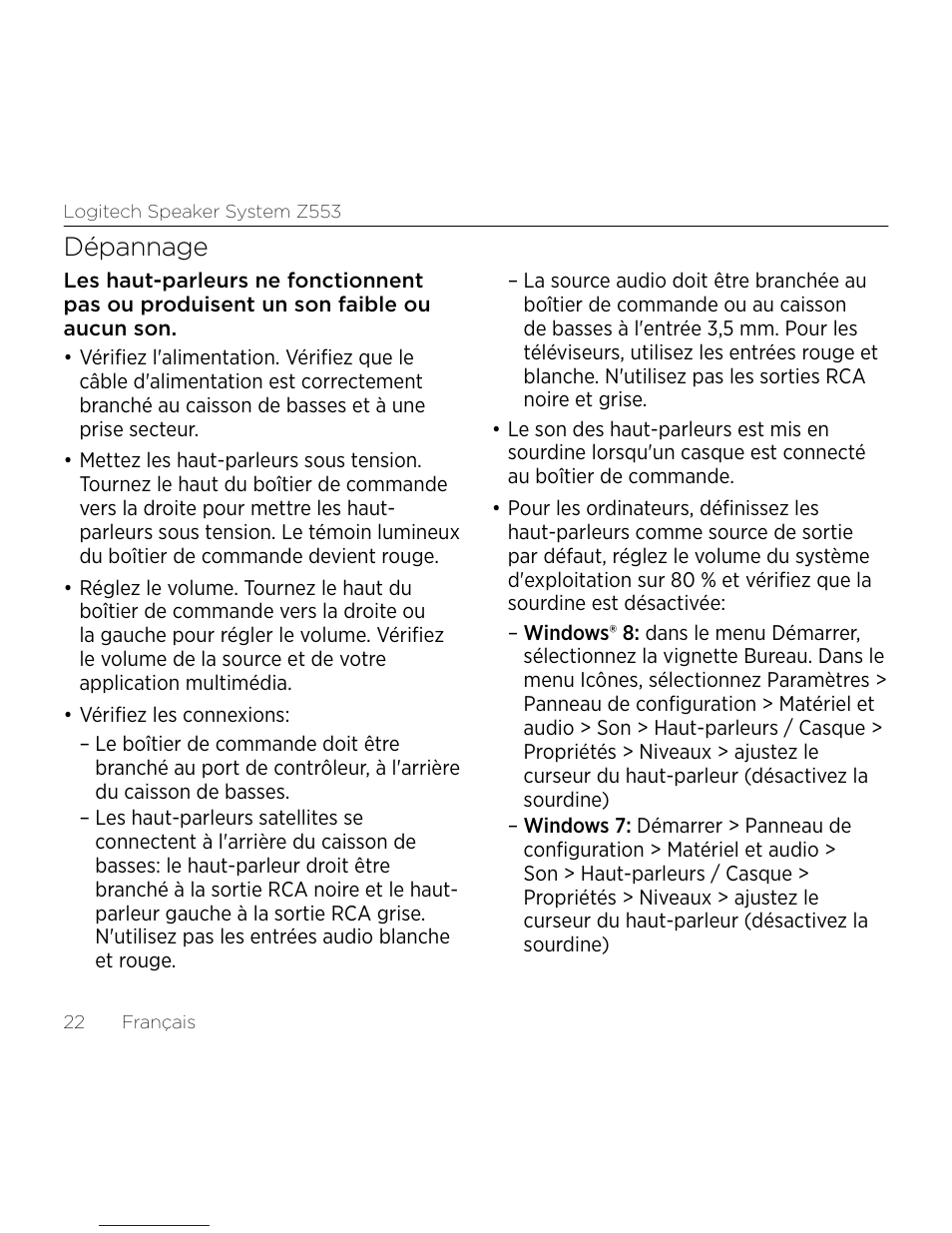 Dépannage | Logitech Z533 2.1 Speaker System with Subwoofer and Control Pod User Manual | Page 22 / 200