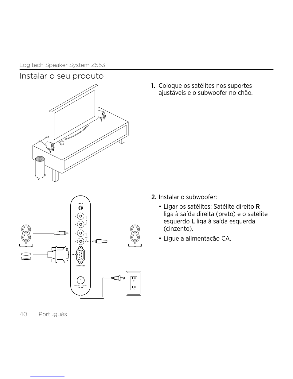 Instalar o seu produto | Logitech Z533 2.1 Speaker System with Subwoofer and Control Pod User Manual | Page 40 / 200