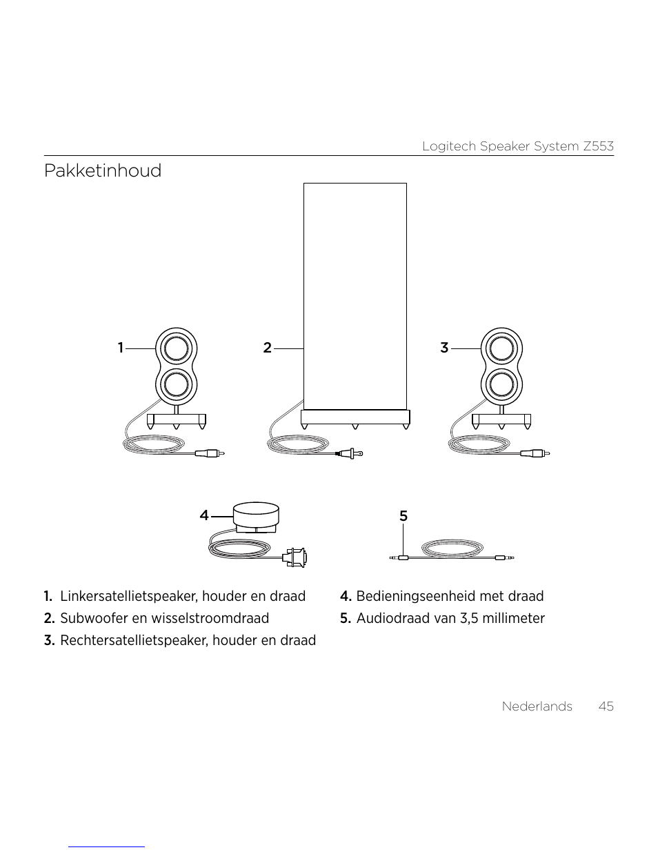 Pakketinhoud | Logitech Z533 2.1 Speaker System with Subwoofer and Control Pod User Manual | Page 45 / 200