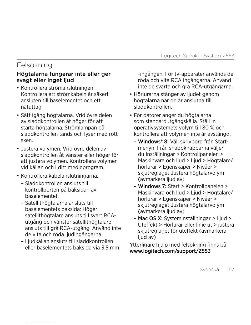 Felsökning | Logitech Z533 2.1 Speaker System with Subwoofer and Control Pod User Manual | Page 57 / 200