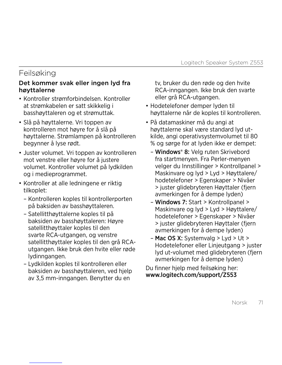 Feilsøking | Logitech Z533 2.1 Speaker System with Subwoofer and Control Pod User Manual | Page 71 / 200