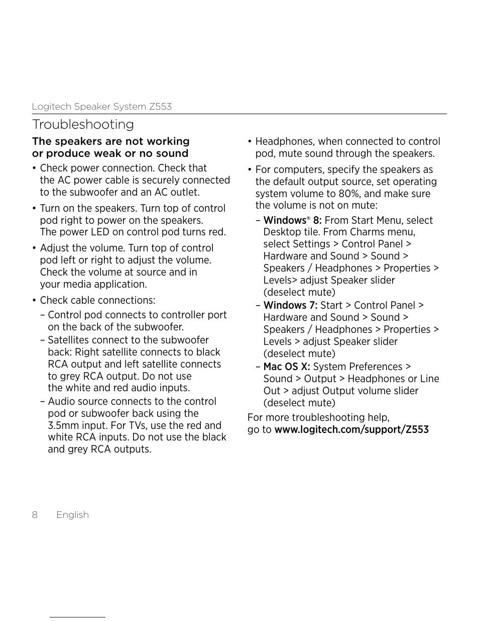 Troubleshooting | Logitech Z533 2.1 Speaker System with Subwoofer and Control Pod User Manual | Page 8 / 200