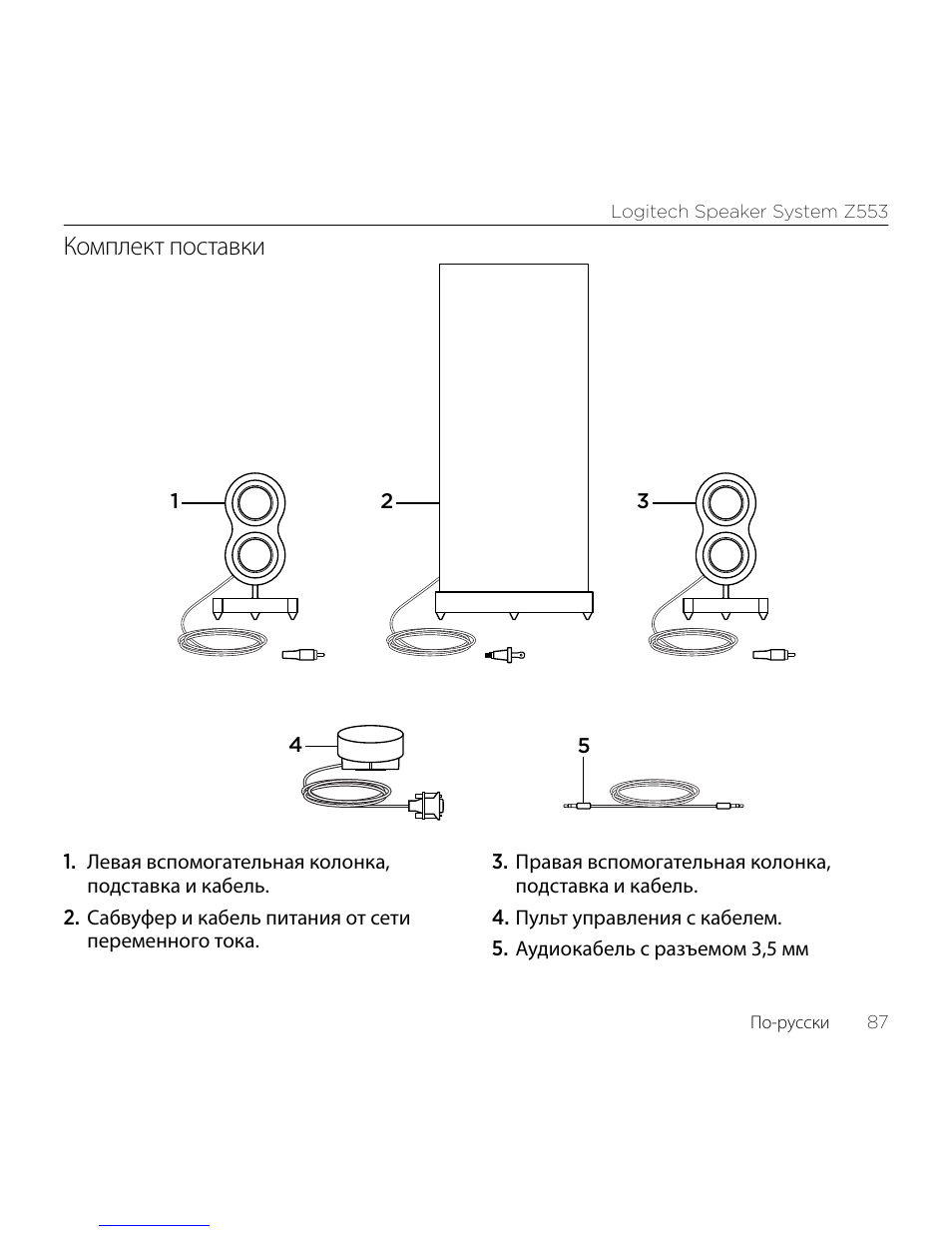 Комплект поставки | Logitech Z533 2.1 Speaker System with Subwoofer and Control Pod User Manual | Page 87 / 200