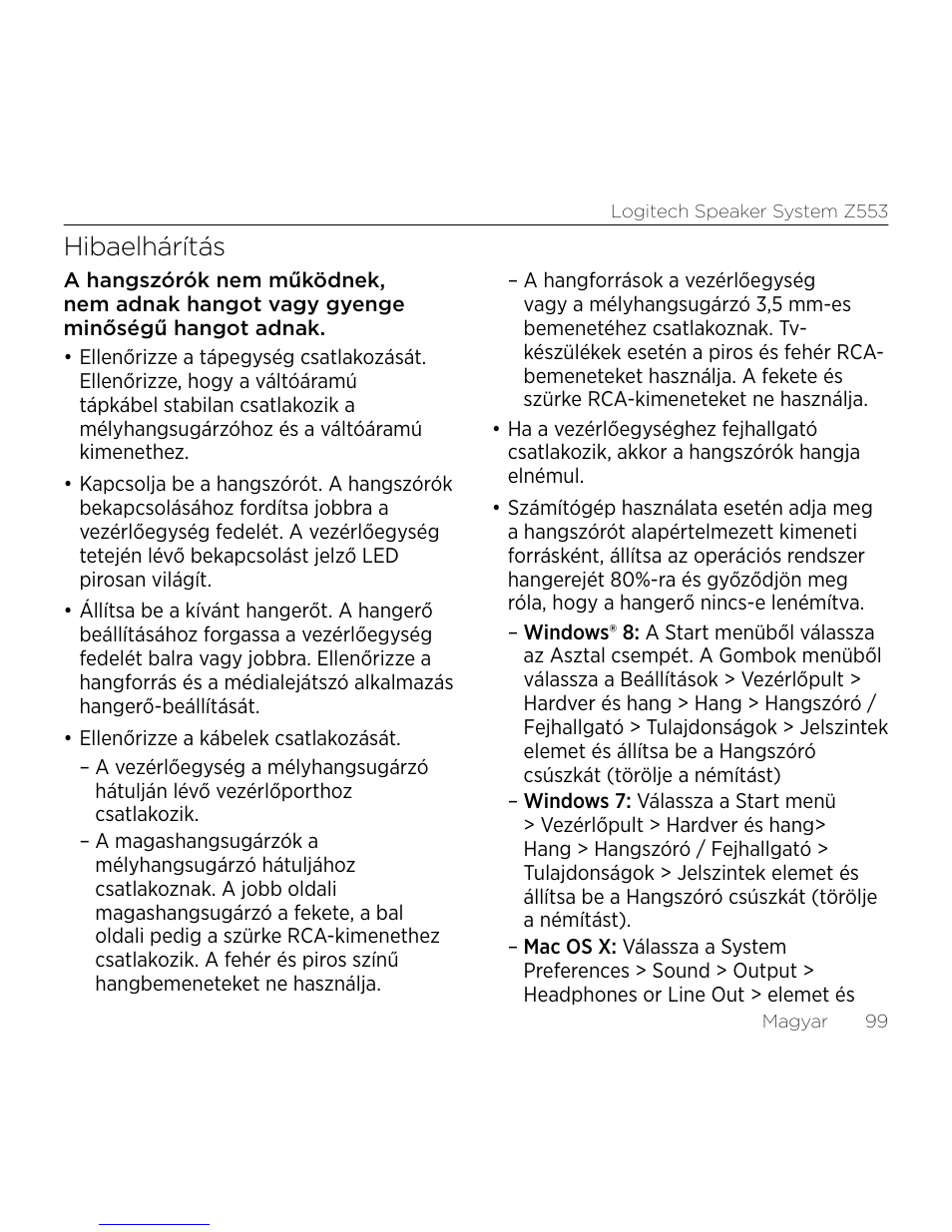 Hibaelhárítás | Logitech Z533 2.1 Speaker System with Subwoofer and Control Pod User Manual | Page 99 / 200