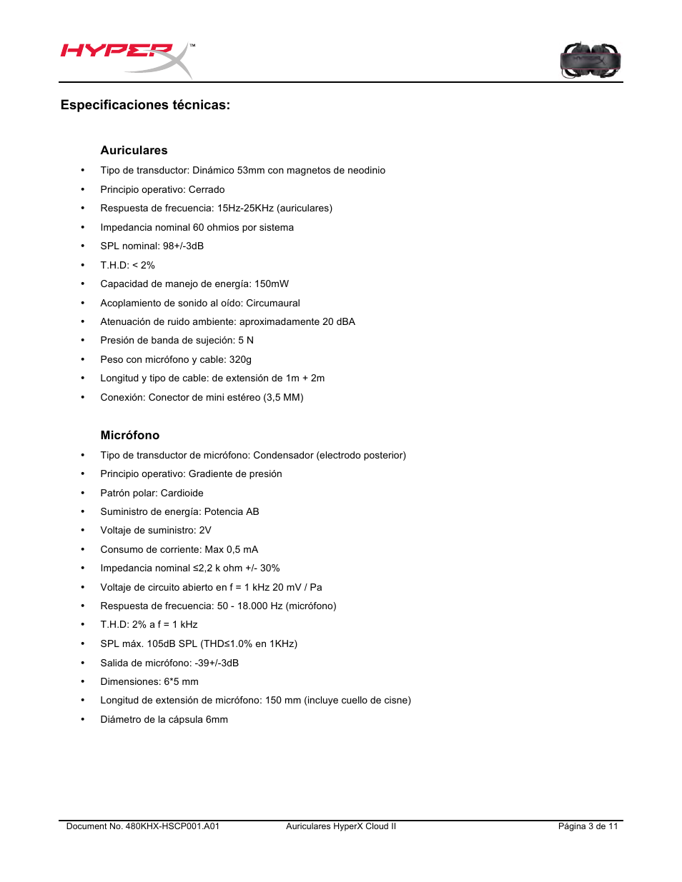 Especificaciones técnicas | HyperX Cloud II Wired Gaming Headset (Black & Gunmetal) User Manual | Page 15 / 166