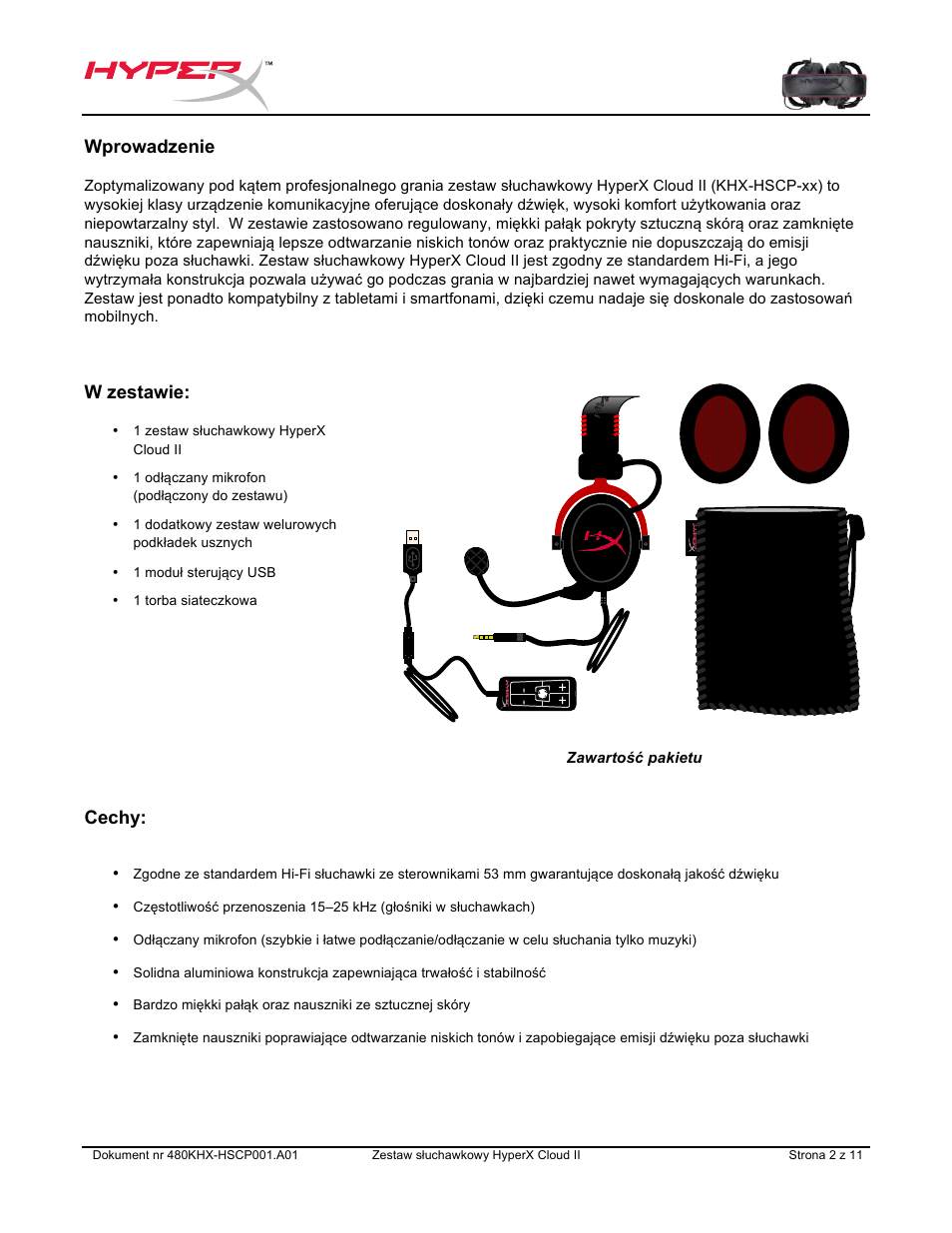 Wprowadzenie, W zestawie, Cechy | HyperX Cloud II Wired Gaming Headset (Black & Gunmetal) User Manual | Page 69 / 166