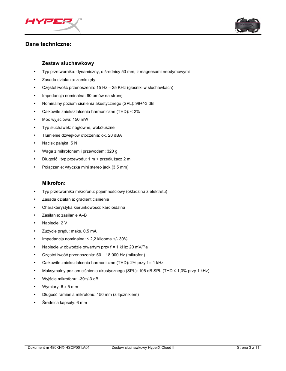 Dane techniczne | HyperX Cloud II Wired Gaming Headset (Black & Gunmetal) User Manual | Page 70 / 166