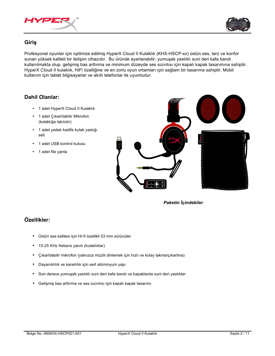 Giri ş, Dahil olanlar, Özellikler | HyperX Cloud II Wired Gaming Headset (Black & Gunmetal) User Manual | Page 91 / 166