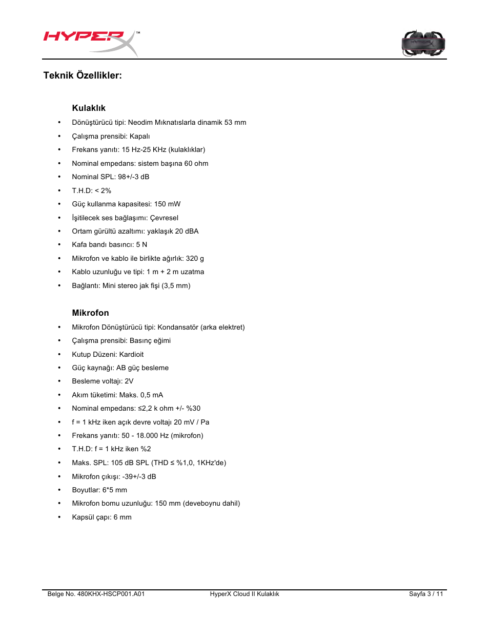 Teknik özellikler | HyperX Cloud II Wired Gaming Headset (Black & Gunmetal) User Manual | Page 92 / 166