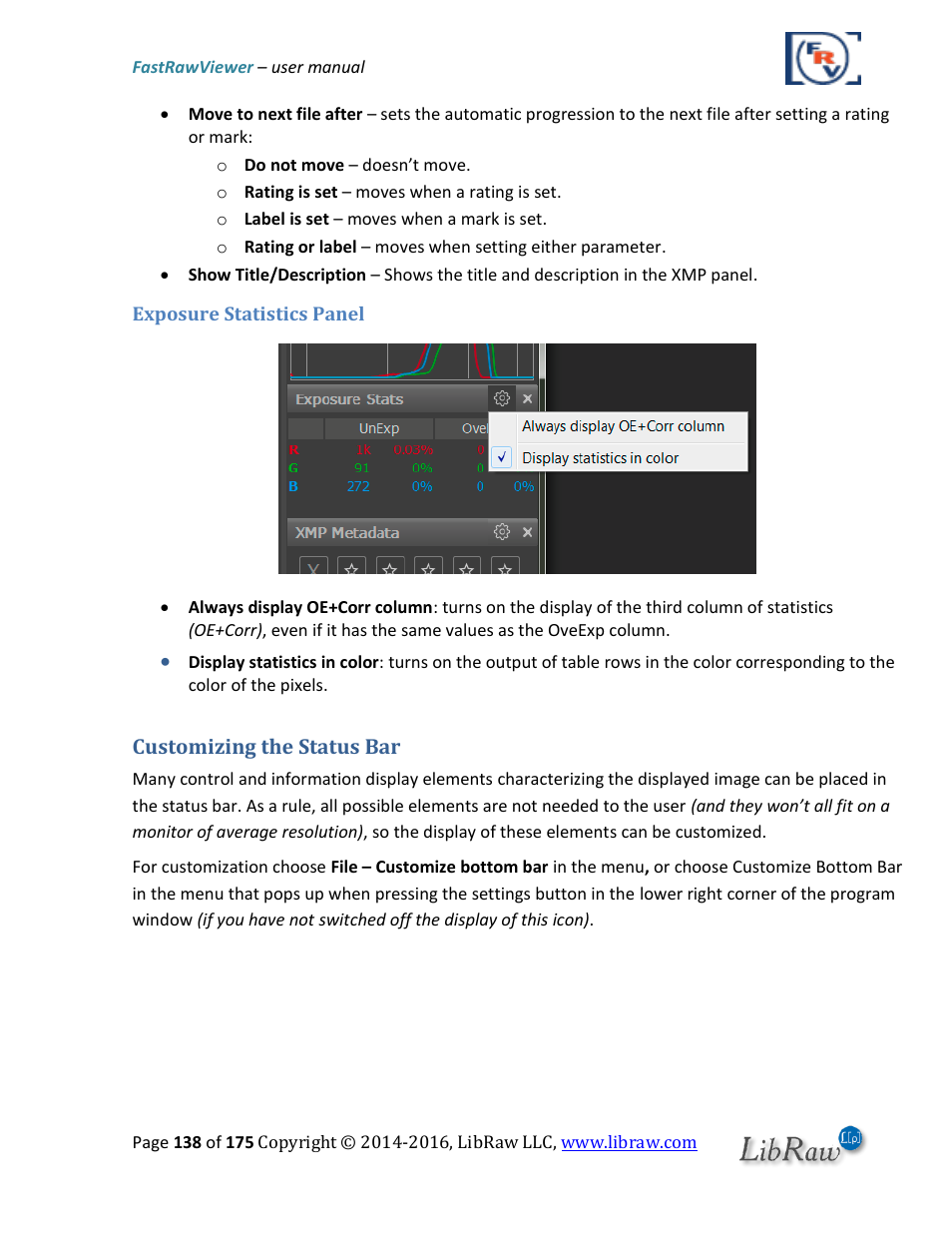 Exposure statistics panel, Customizing the status bar | FastRawViewer Software 2.0 (Download) User Manual | Page 138 / 175