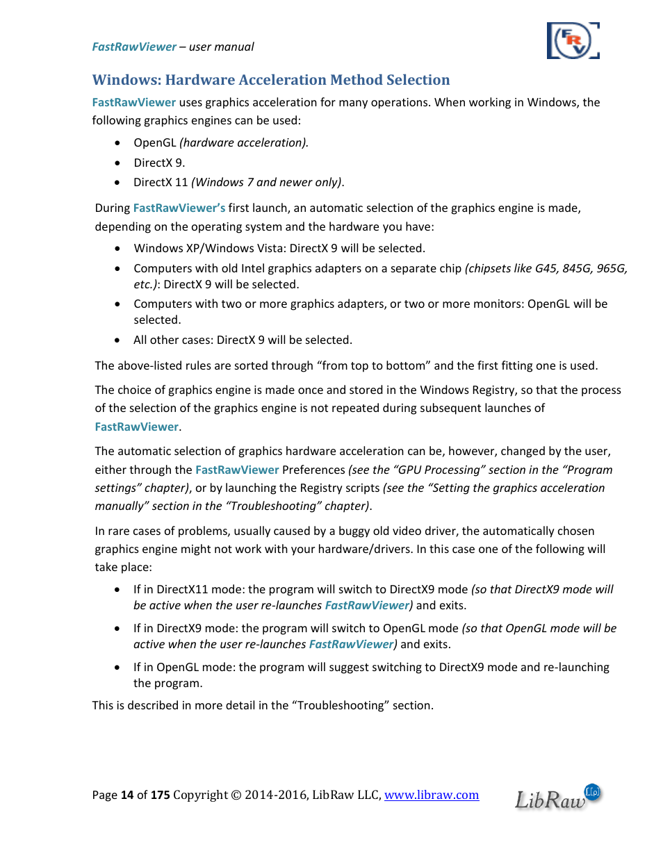 Windows: hardware acceleration method selection | FastRawViewer Software 2.0 (Download) User Manual | Page 14 / 175