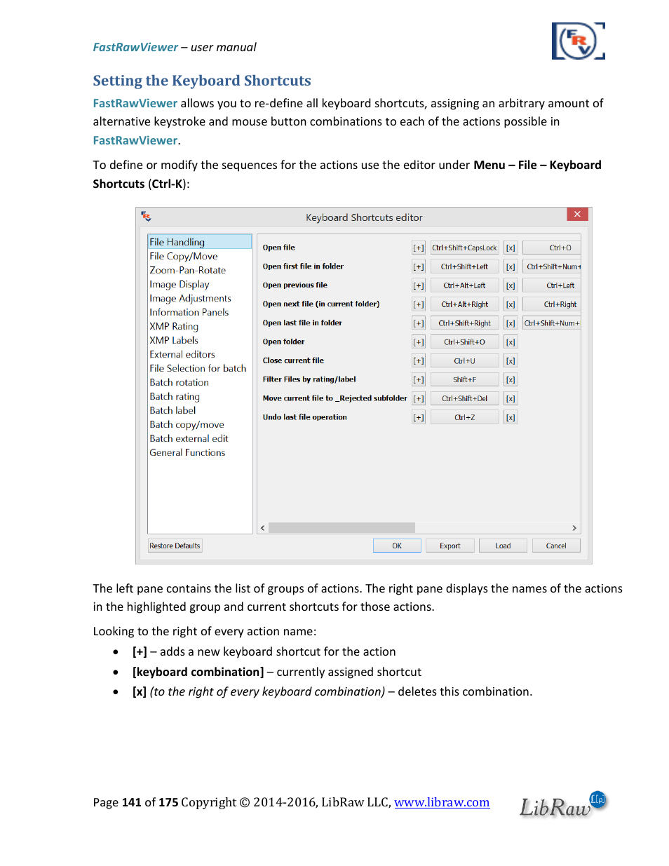 Setting the keyboard shortcuts | FastRawViewer Software 2.0 (Download) User Manual | Page 141 / 175