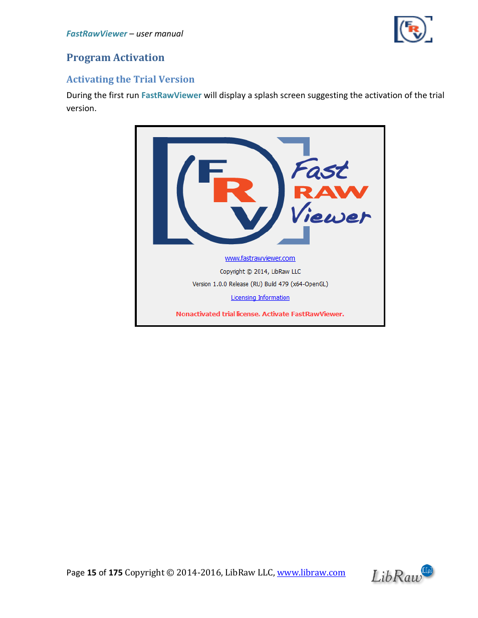 Program activation, Activating the trial version | FastRawViewer Software 2.0 (Download) User Manual | Page 15 / 175