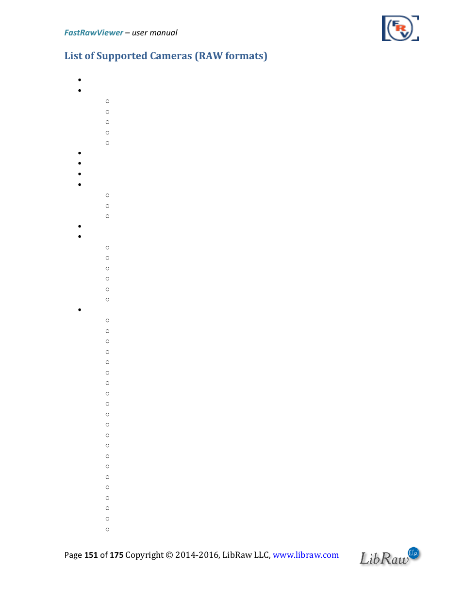 List of supported cameras (raw formats) | FastRawViewer Software 2.0 (Download) User Manual | Page 151 / 175