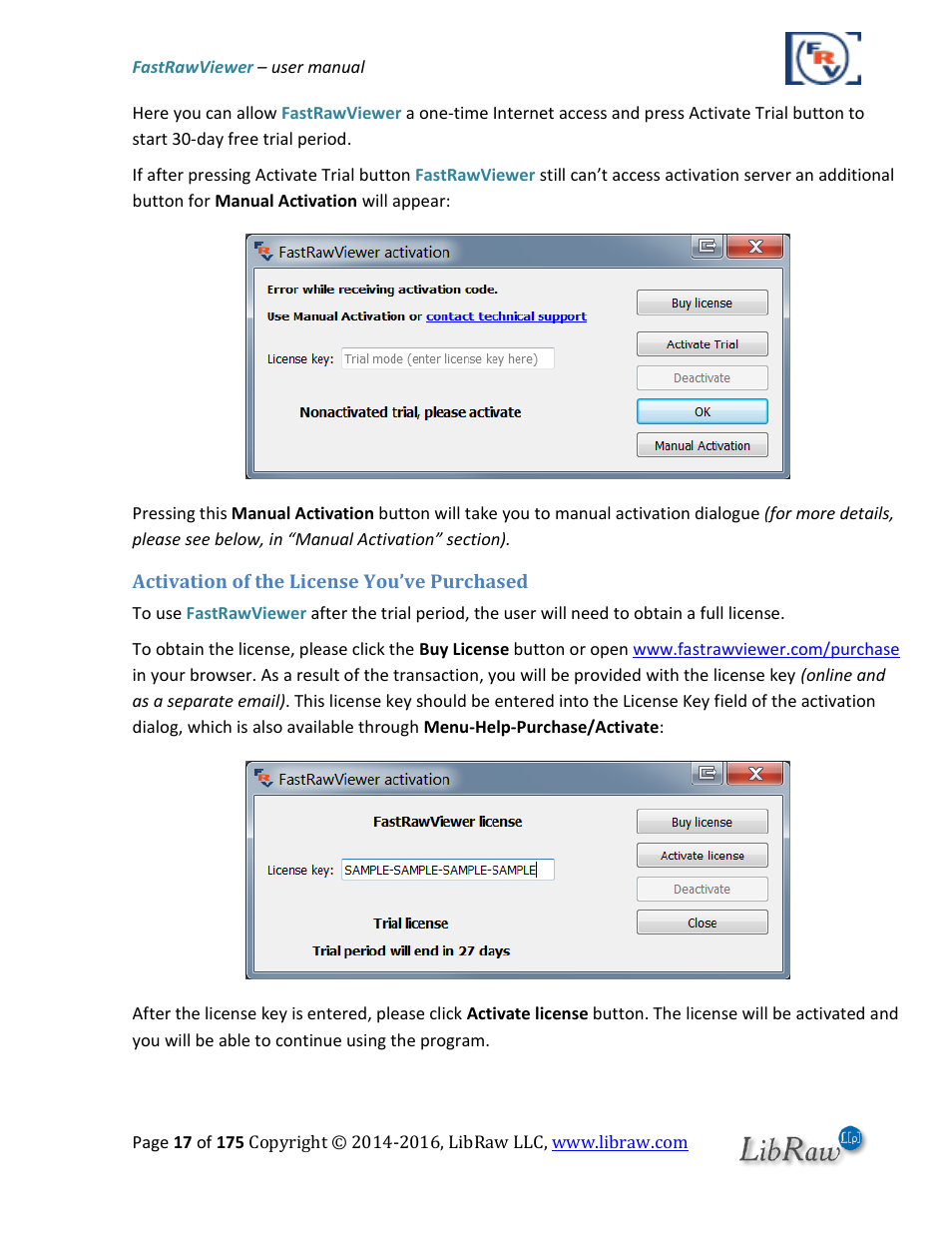 Activation of the license you’ve purchased | FastRawViewer Software 2.0 (Download) User Manual | Page 17 / 175
