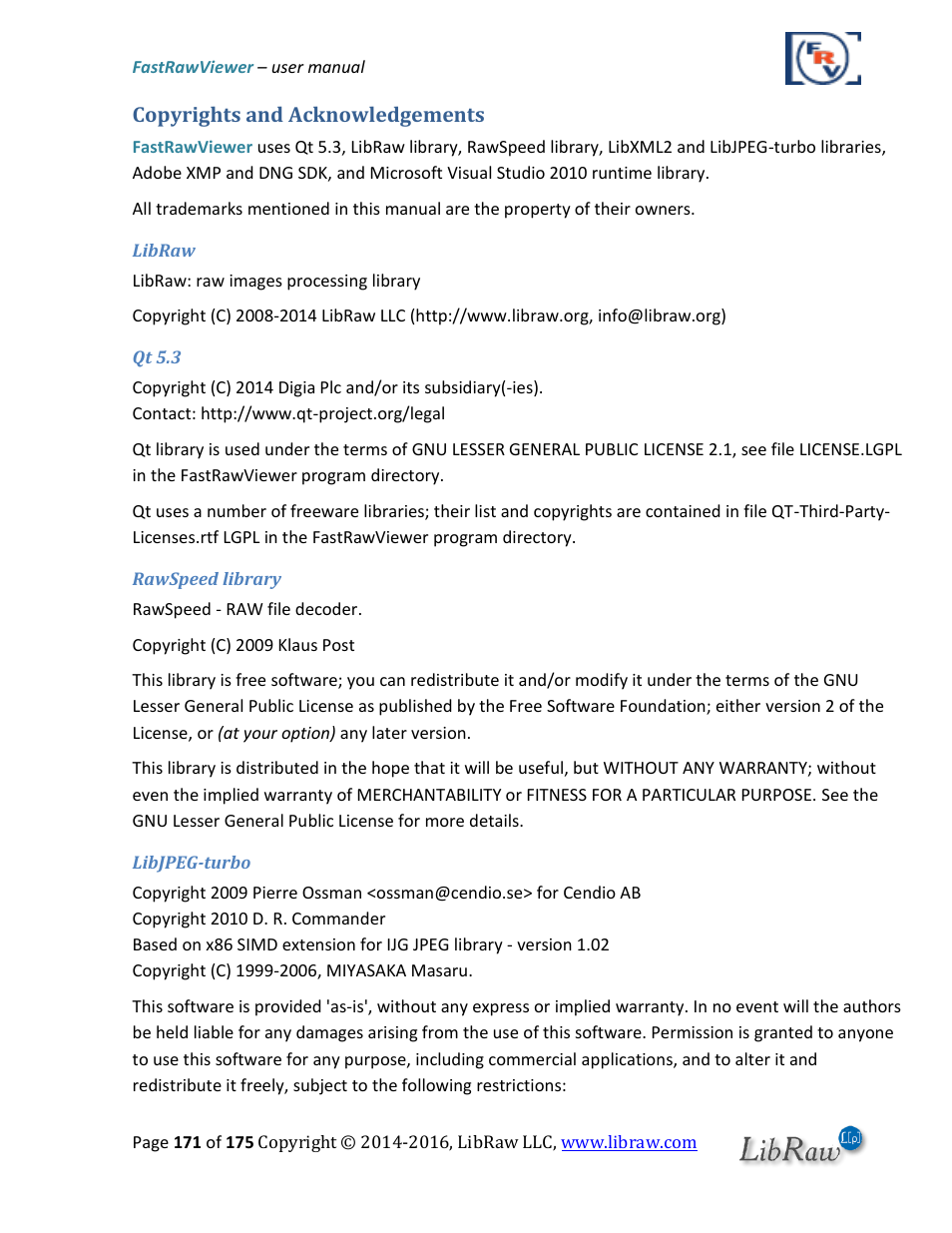 Copyrights and acknowledgements | FastRawViewer Software 2.0 (Download) User Manual | Page 171 / 175