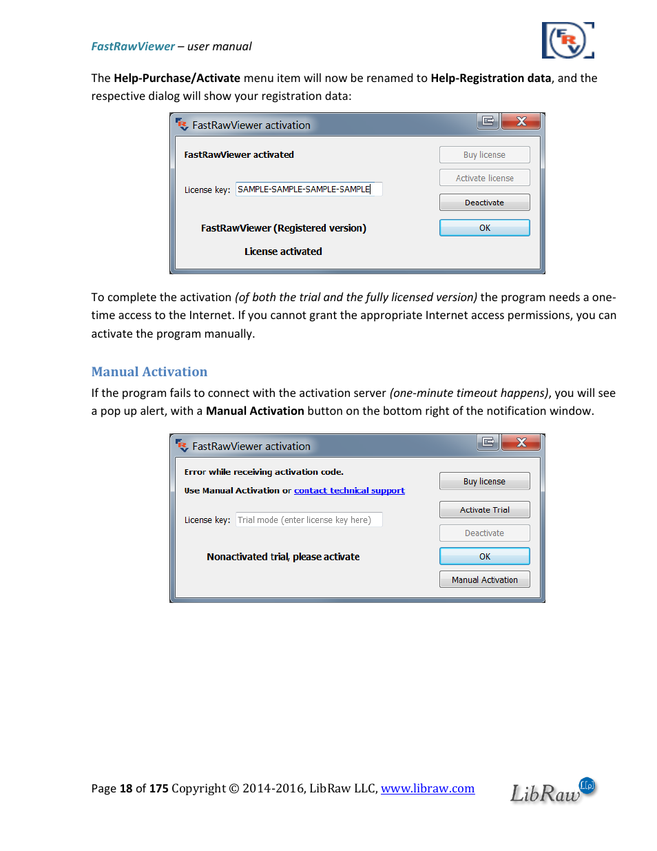 Manual activation | FastRawViewer Software 2.0 (Download) User Manual | Page 18 / 175
