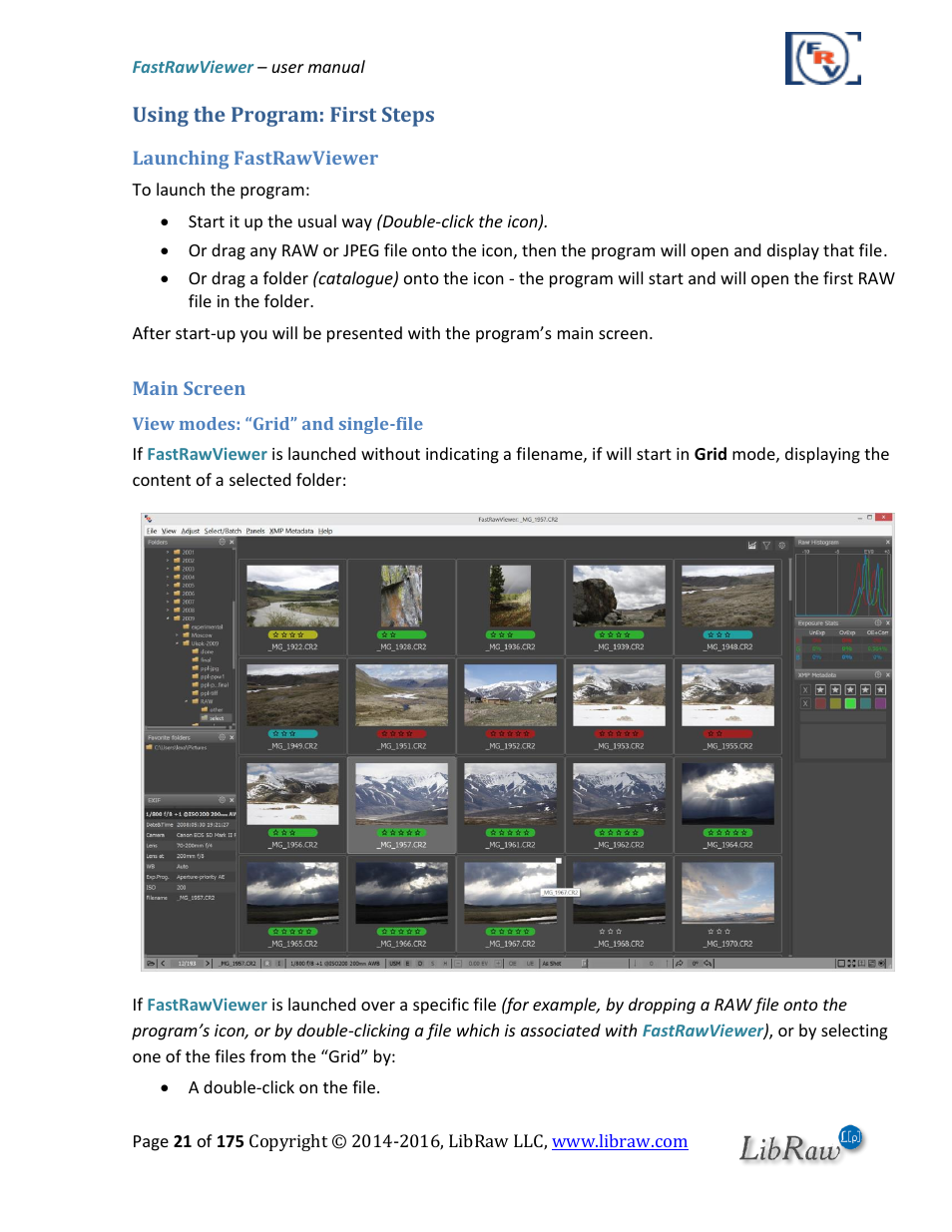Using the program: first steps, Launching fastrawviewer, Main screen | View modes: “grid” and single-file | FastRawViewer Software 2.0 (Download) User Manual | Page 21 / 175