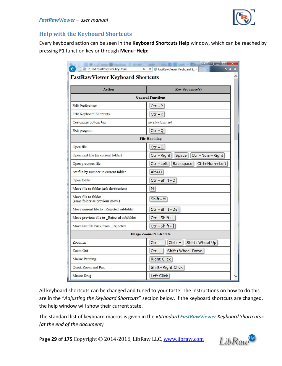 Help with the keyboard shortcuts | FastRawViewer Software 2.0 (Download) User Manual | Page 29 / 175
