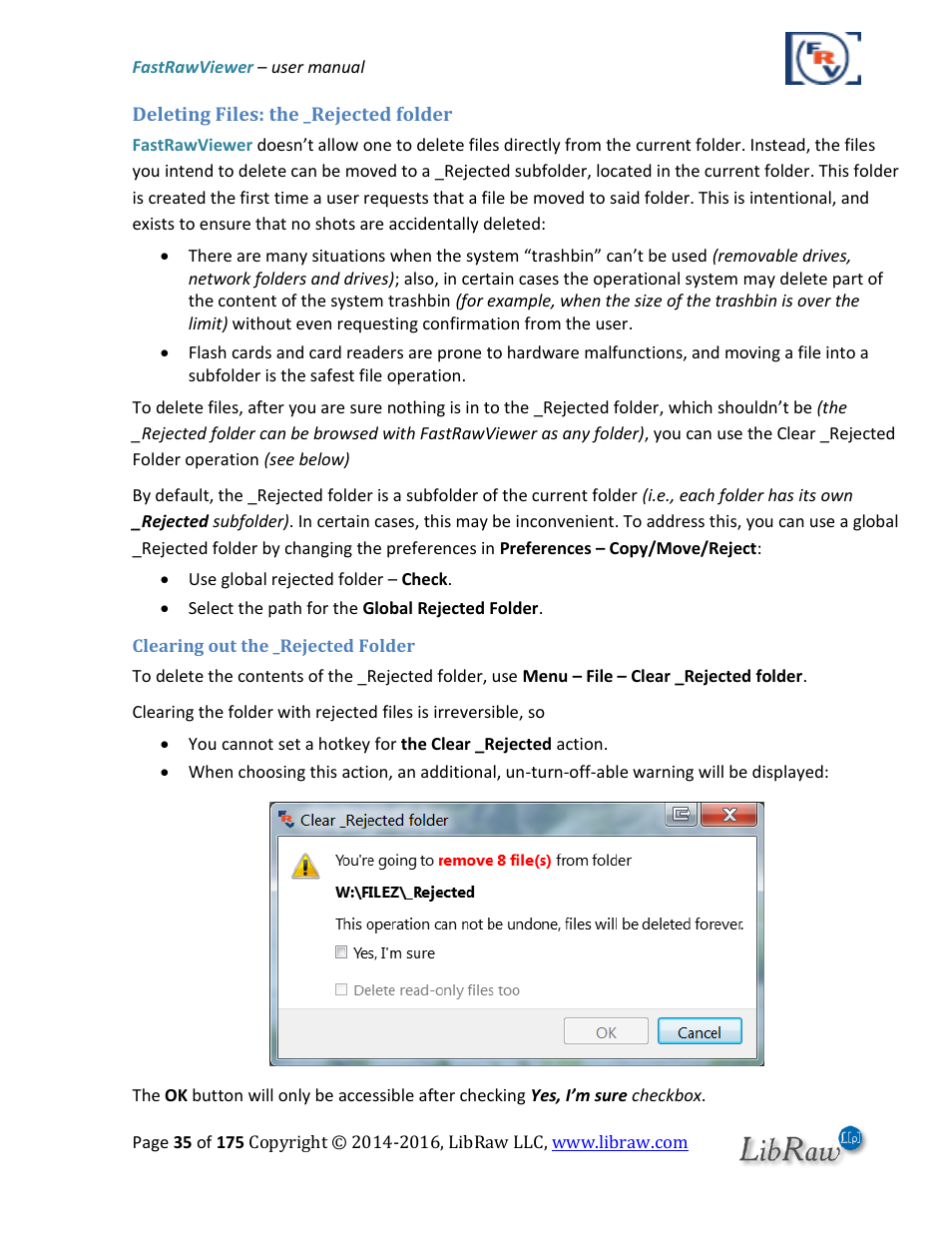 Deleting files: the _rejected folder, Clearing out the _rejected folder | FastRawViewer Software 2.0 (Download) User Manual | Page 35 / 175