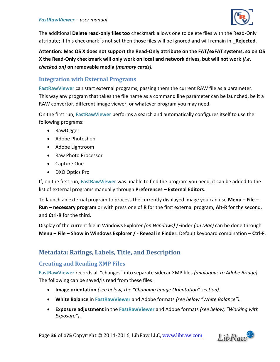 Integration with external programs, Metadata: ratings, labels, title, and description, Creating and reading xmp files | FastRawViewer Software 2.0 (Download) User Manual | Page 36 / 175