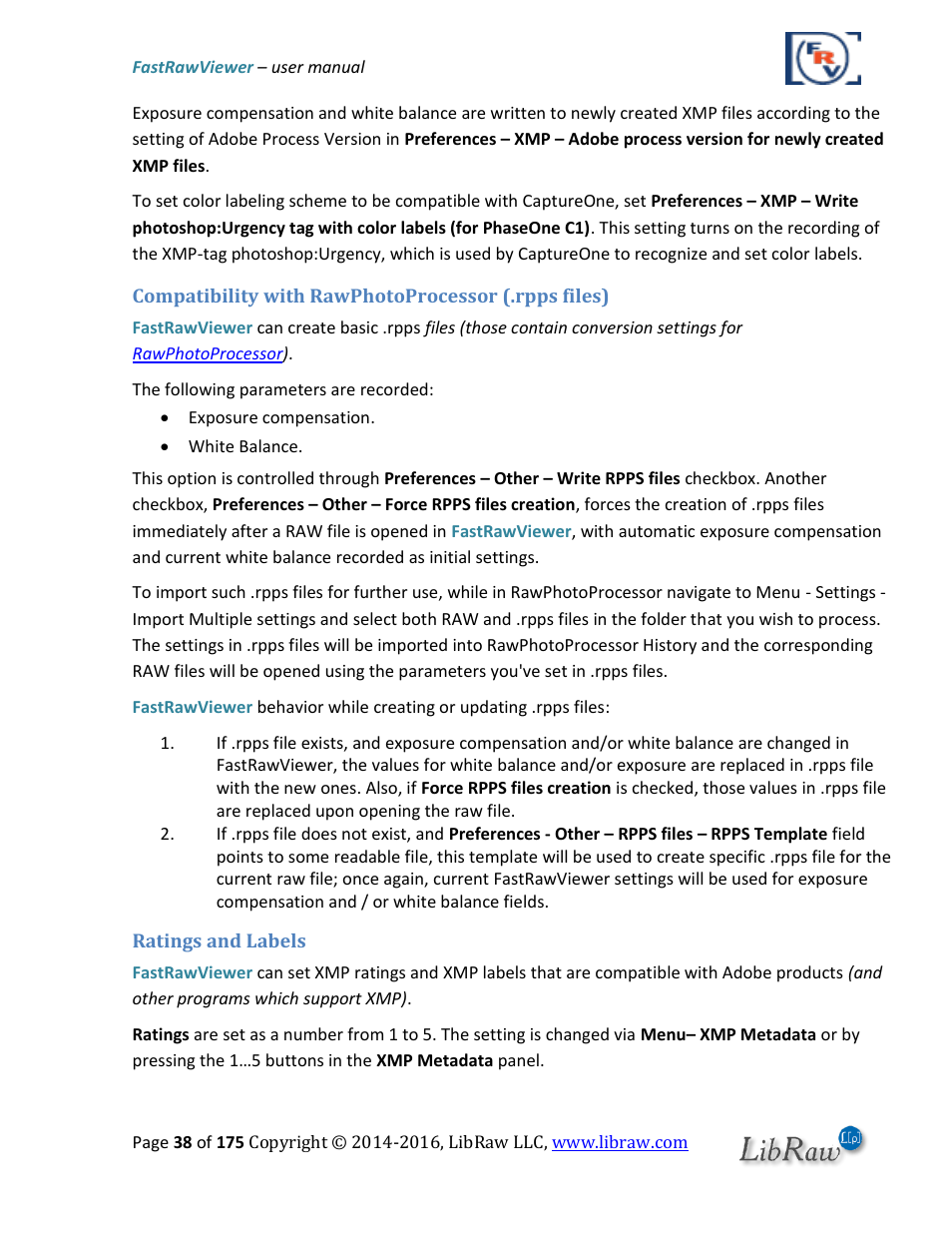 Compatibility with rawphotoprocessor (.rpps files), Ratings and labels | FastRawViewer Software 2.0 (Download) User Manual | Page 38 / 175