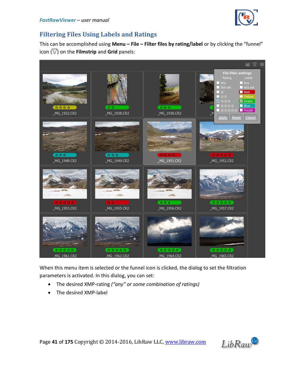 Filtering files using labels and ratings | FastRawViewer Software 2.0 (Download) User Manual | Page 41 / 175