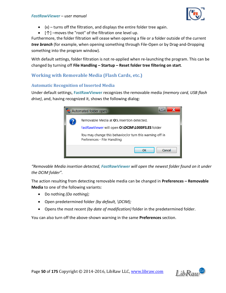 Working with removable media (flash cards, etc.), Automatic recognition of inserted media | FastRawViewer Software 2.0 (Download) User Manual | Page 50 / 175