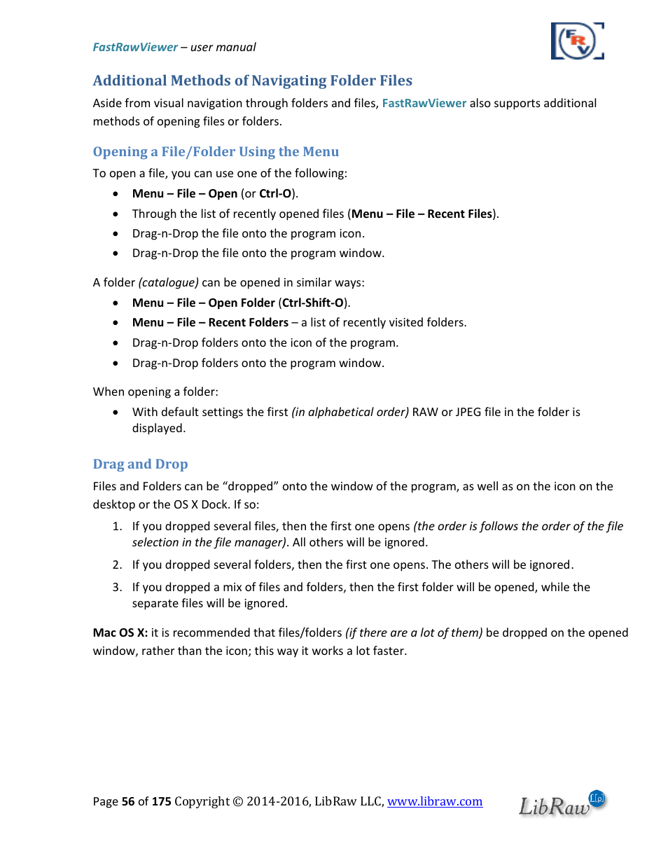 Additional methods of navigating folder files, Opening a file/folder using the menu, Drag and drop | FastRawViewer Software 2.0 (Download) User Manual | Page 56 / 175
