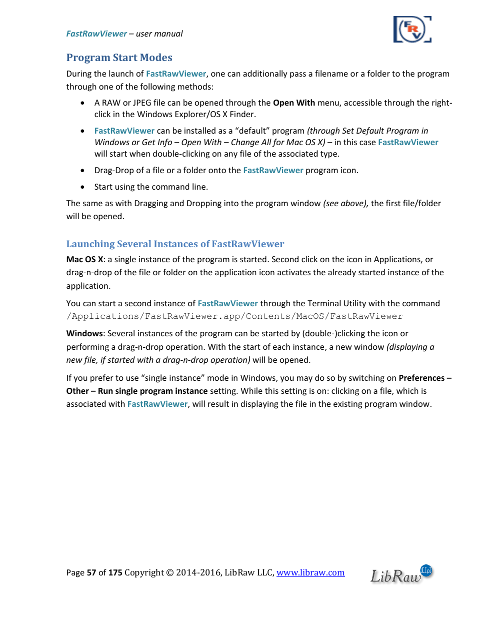 Program start modes, Launching several instances of fastrawviewer | FastRawViewer Software 2.0 (Download) User Manual | Page 57 / 175