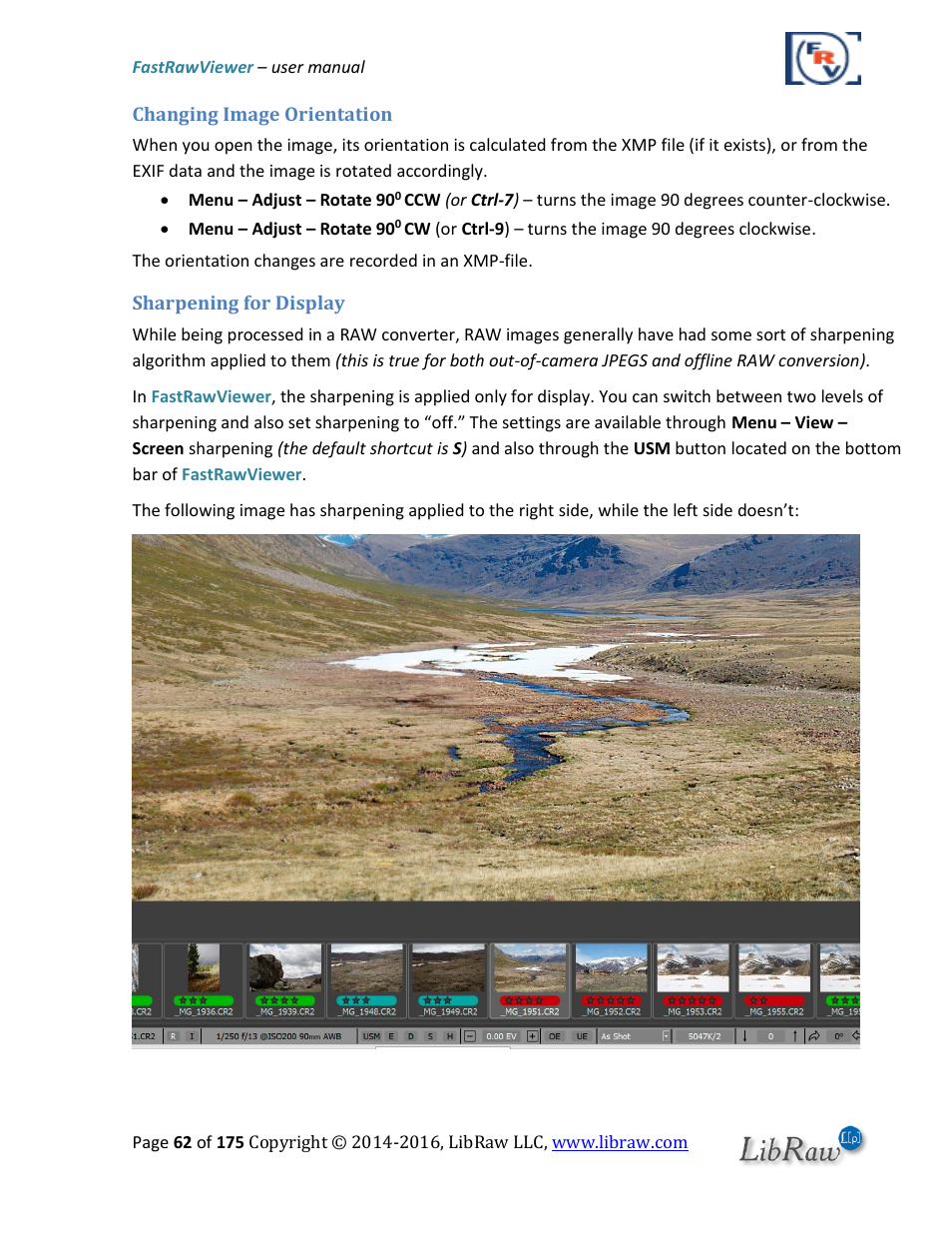 Changing image orientation, Sharpening for display | FastRawViewer Software 2.0 (Download) User Manual | Page 62 / 175