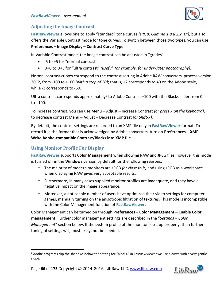 Adjusting the image contrast, Using monitor profile for display | FastRawViewer Software 2.0 (Download) User Manual | Page 66 / 175