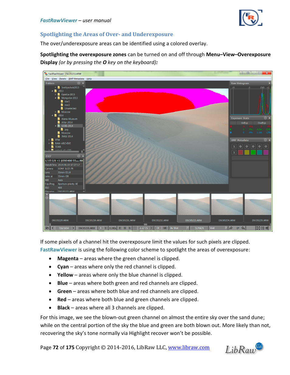 Spotlighting the areas of over- and underexposure | FastRawViewer Software 2.0 (Download) User Manual | Page 72 / 175