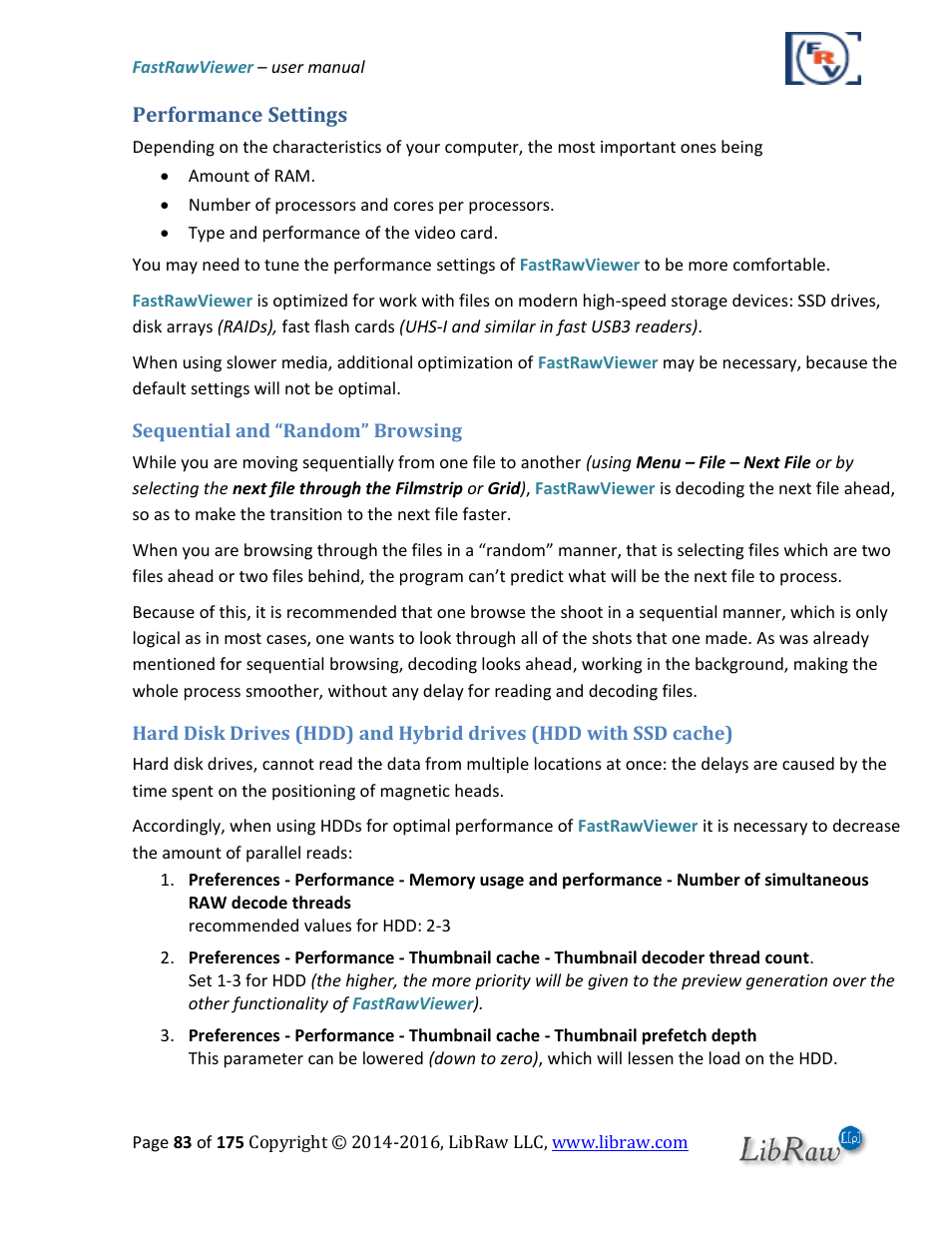 Performance settings, Sequential and “random” browsing | FastRawViewer Software 2.0 (Download) User Manual | Page 83 / 175